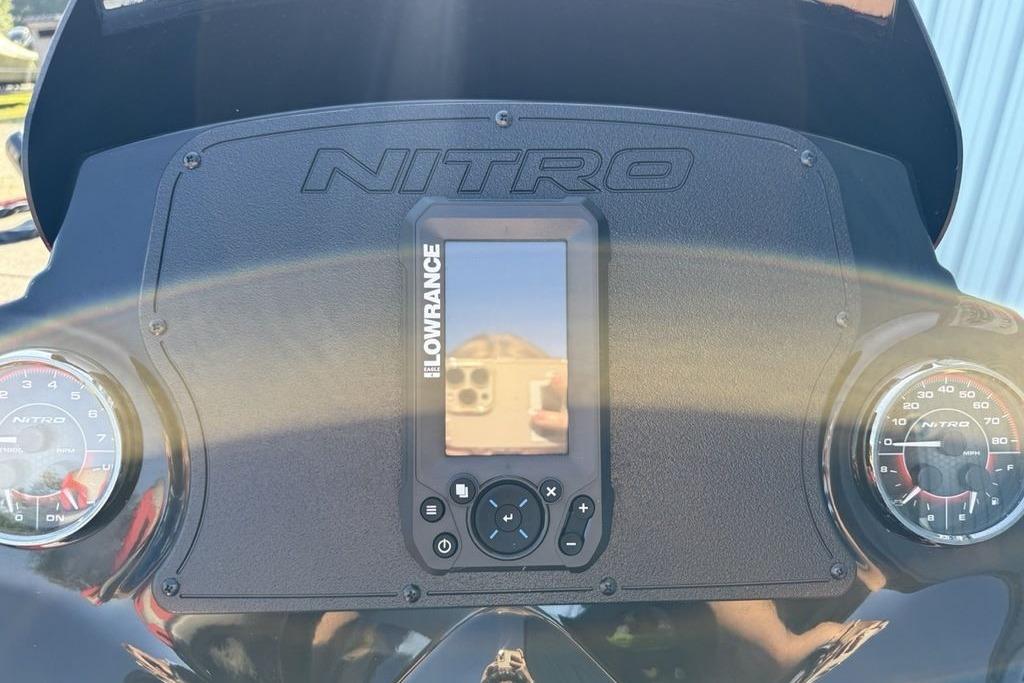 Dashboard of a 2026 Nitro Z17 boat with Lowrance display and gauges.