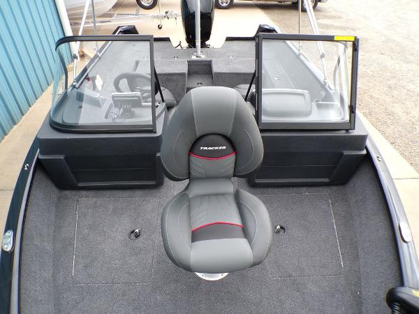 2025 Tracker Pro Guide V-175 Combo boat interior with seating and windshield.
