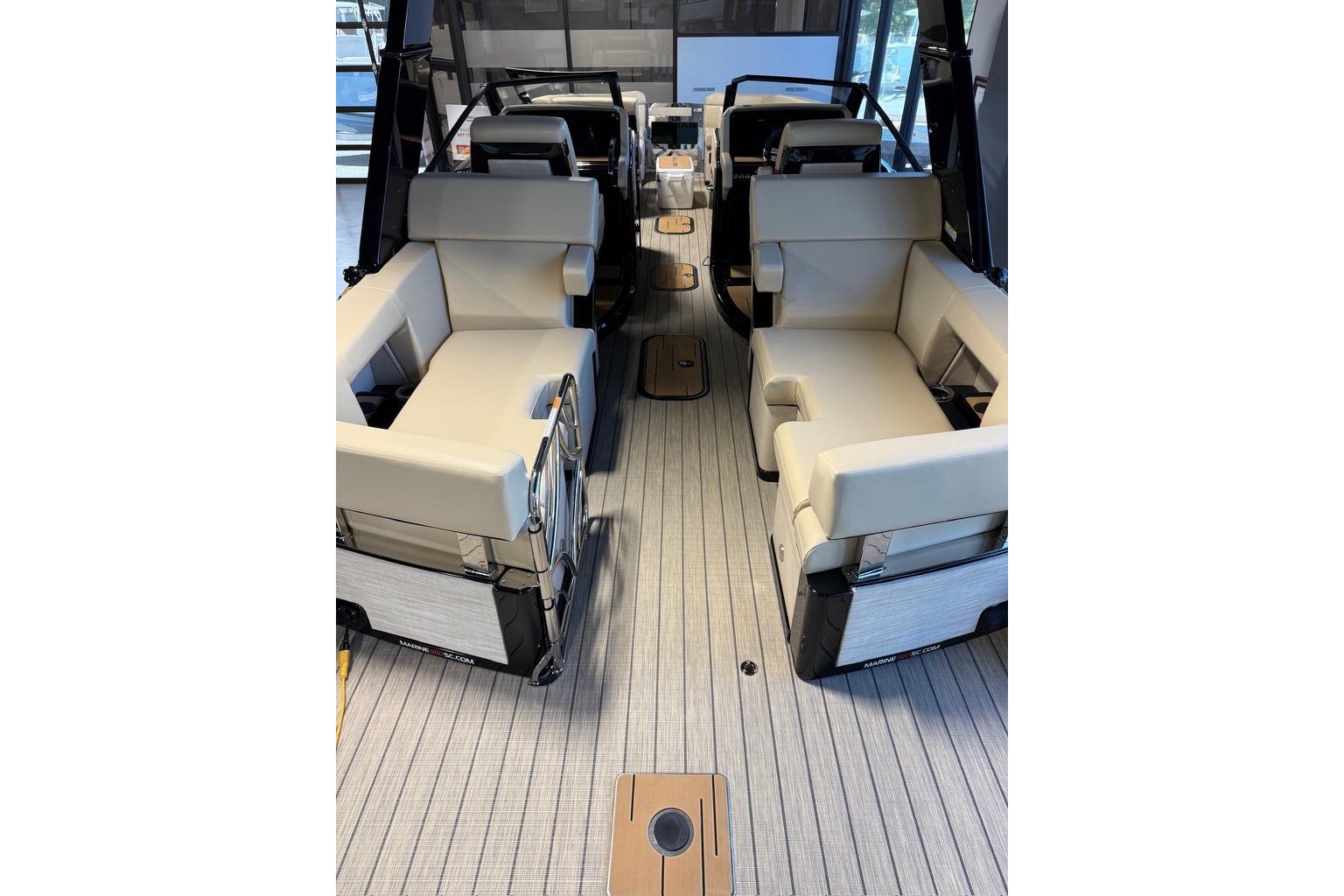 Luxurious interior of 2026 Balise Halo 26C Twin boat with plush seating and modern design.