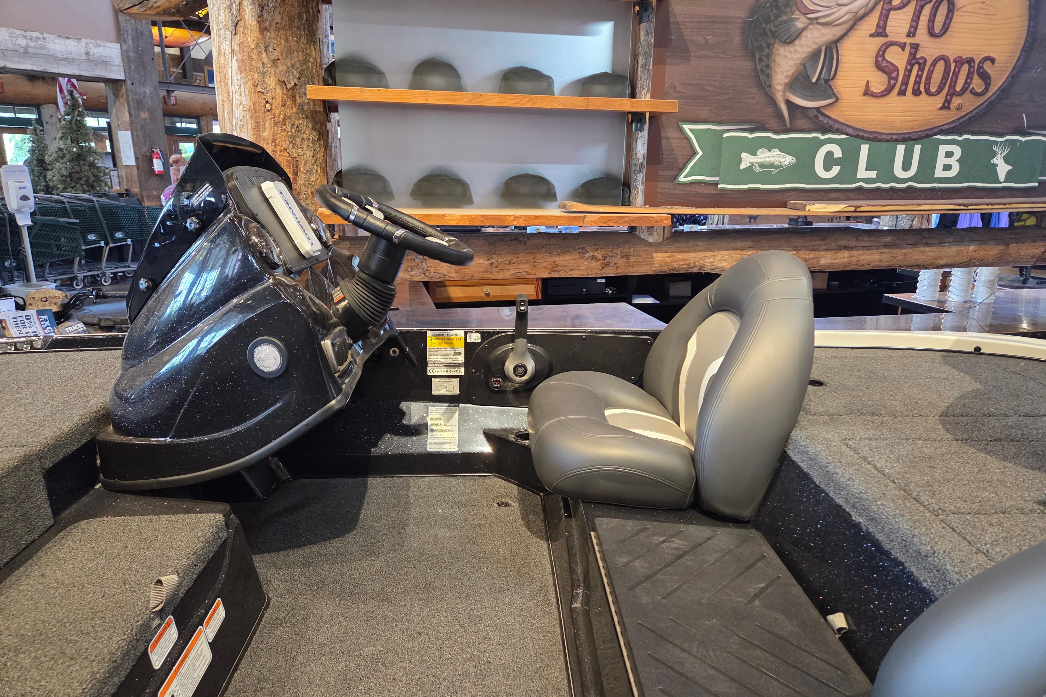 Interior of a 2026 Nitro Z17 boat at a showroom display.