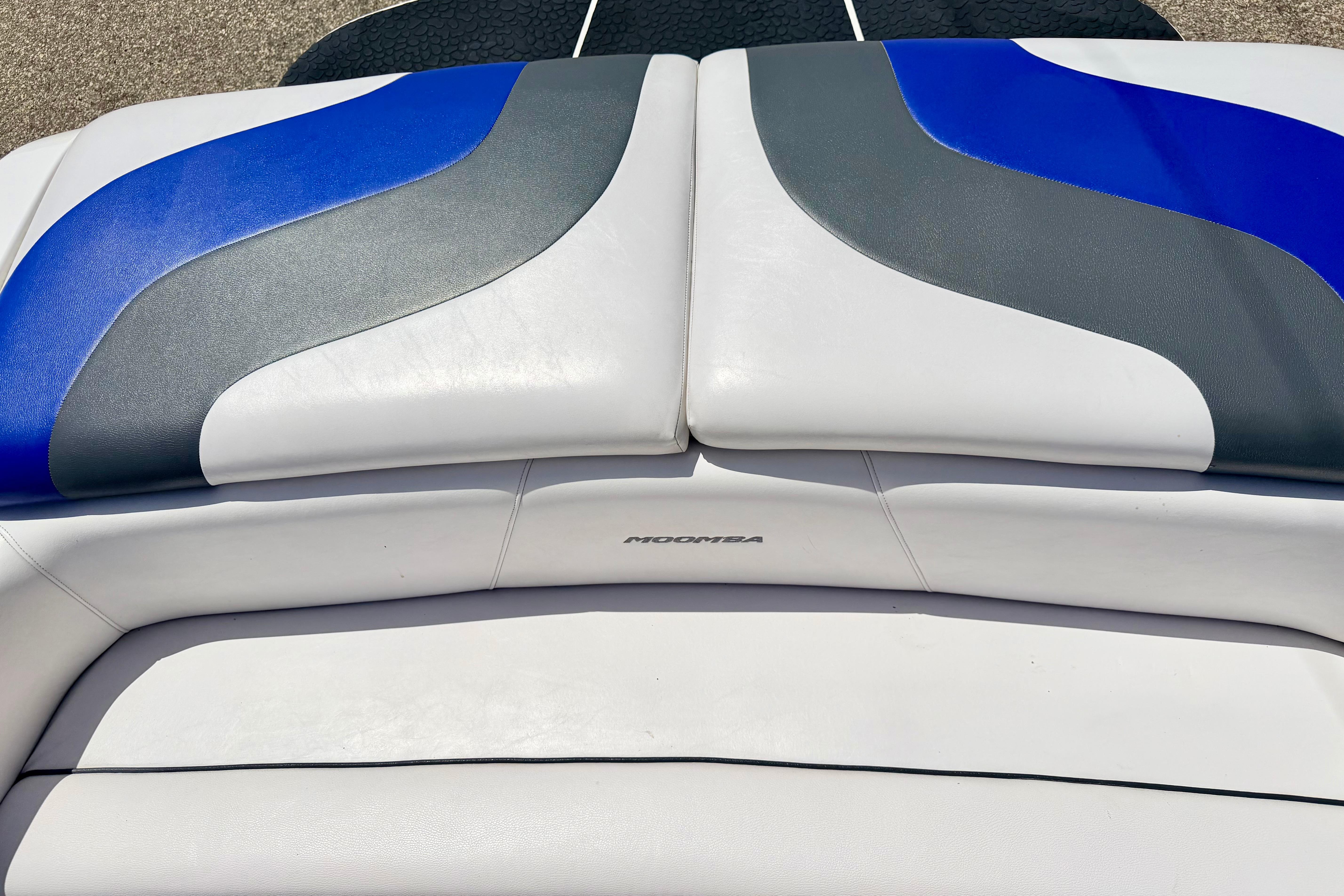 2008 Moomba Outback V boat seat with blue and gray accents.