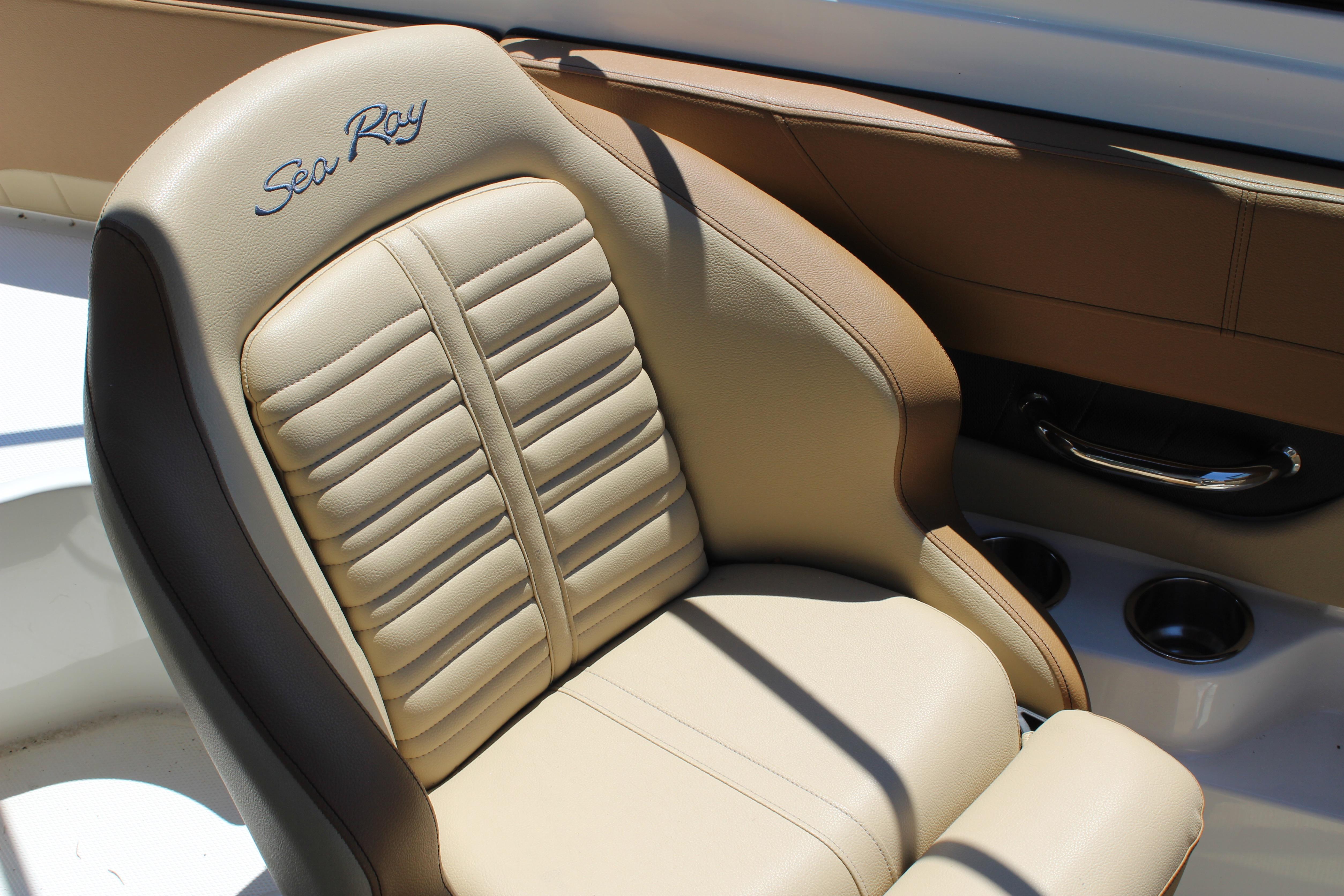 2018 Sea Ray SPX 190 Outboard boat seat, beige leather with logo embroidery.