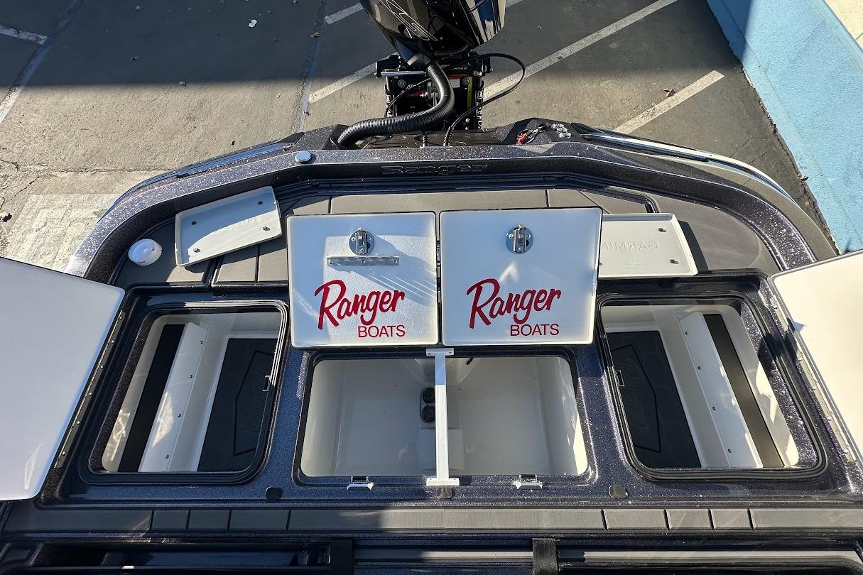 2026 Ranger Z521R Garmin Cup-Equipped boat storage compartments, featuring Ranger Boats branding.