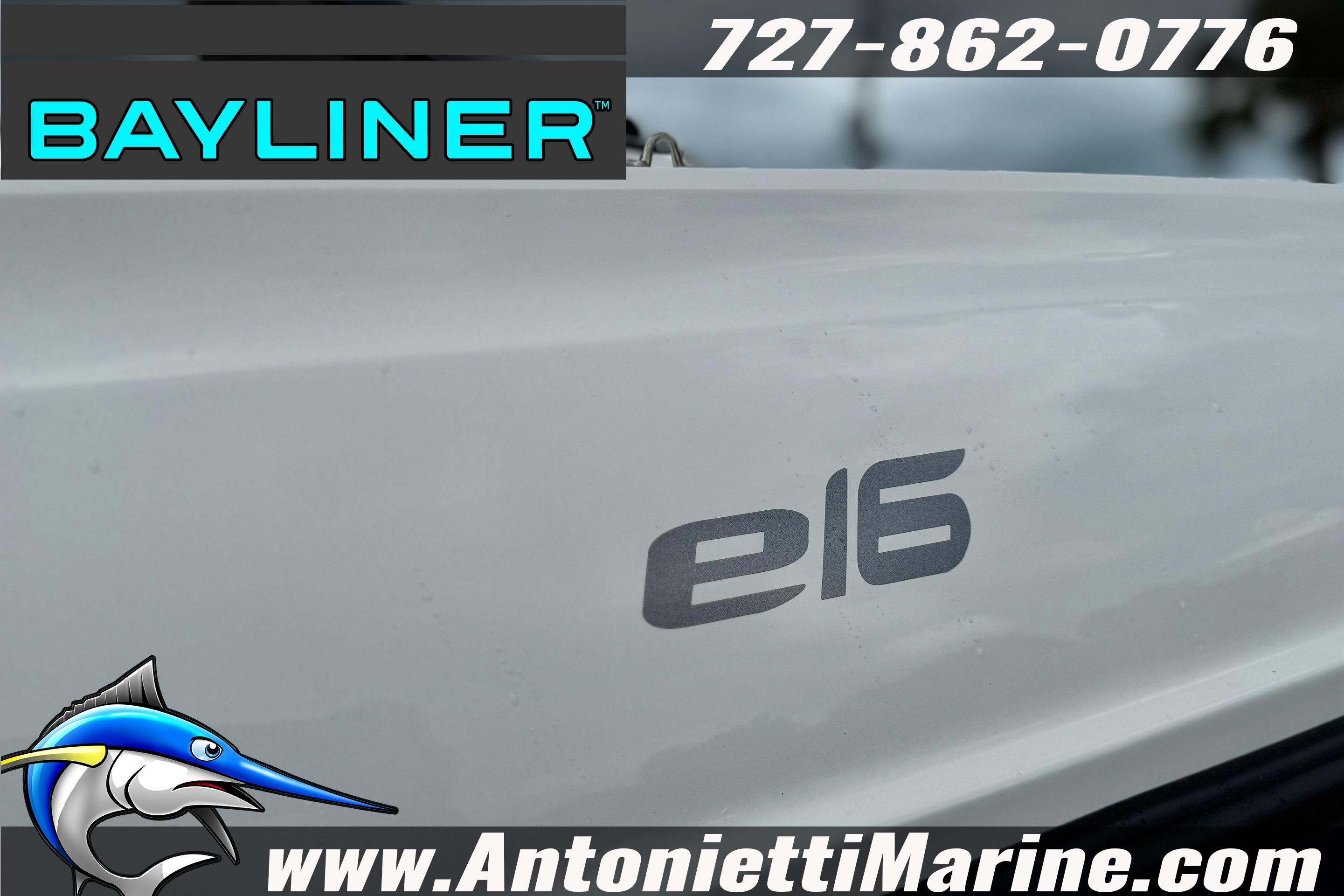 2026 Bayliner Element E16 boat branding with contact details and logo.
