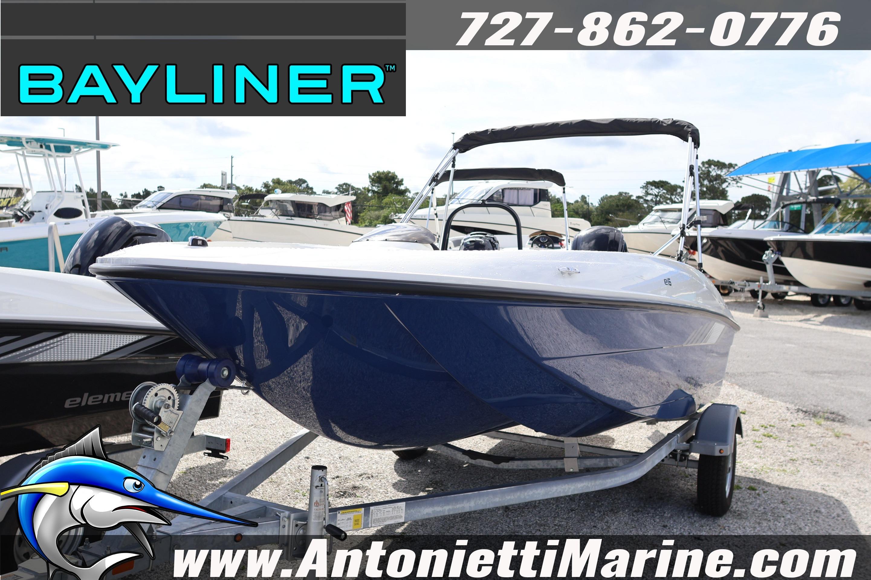 2026 Bayliner Element E16 boat on trailer at Antonietti Marine dealership.