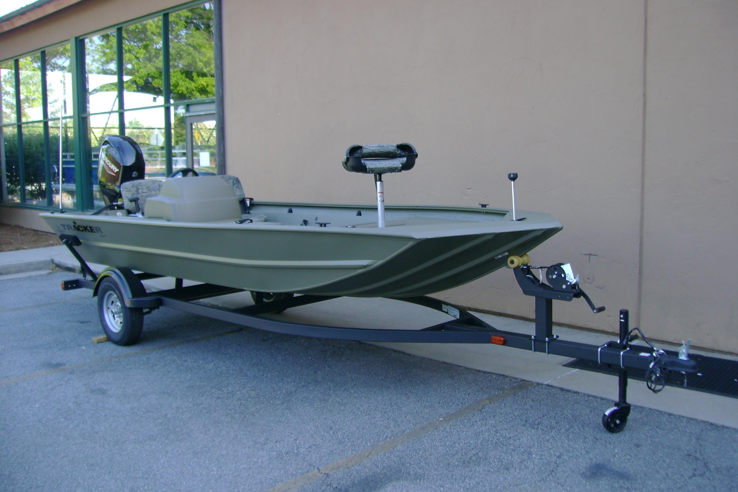 2026 Tracker Grizzly 1754 SC boat on trailer, parked outdoors.