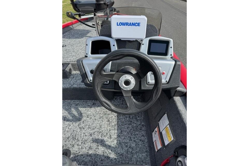 Steering console of 2026 Tracker Pro Team 175 boat with Lowrance electronics.