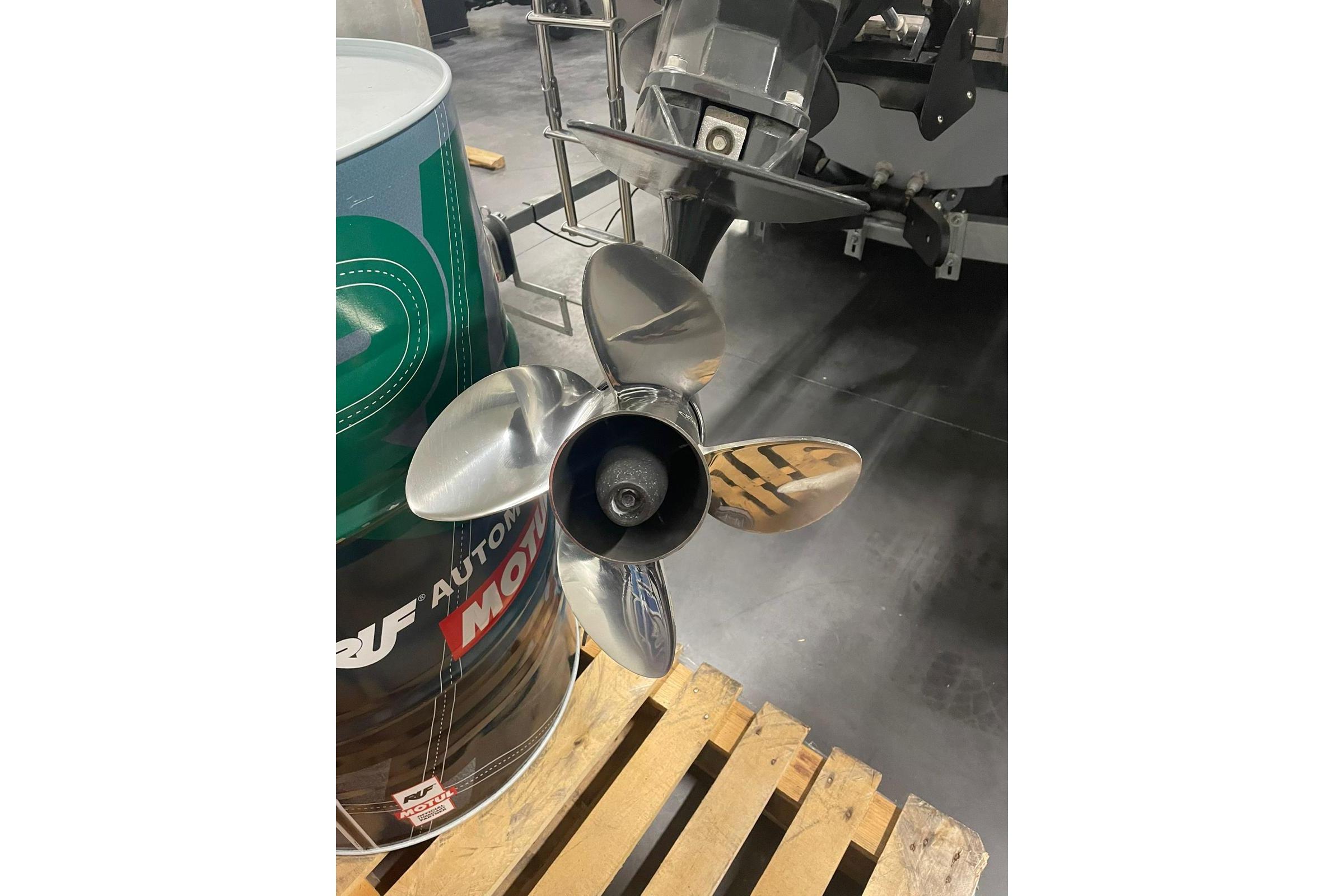 Shiny boat propeller on display, Infanta 7.5 SR, 2018 model.