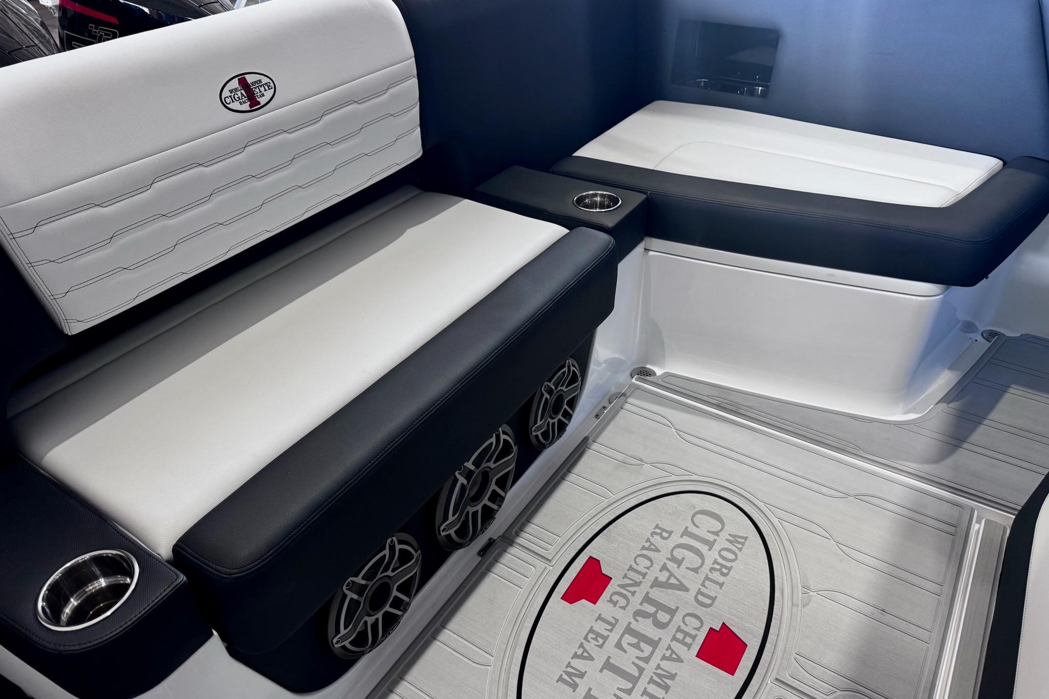 Interior of Cigarette 42' Auroris 2025 with luxurious seating.