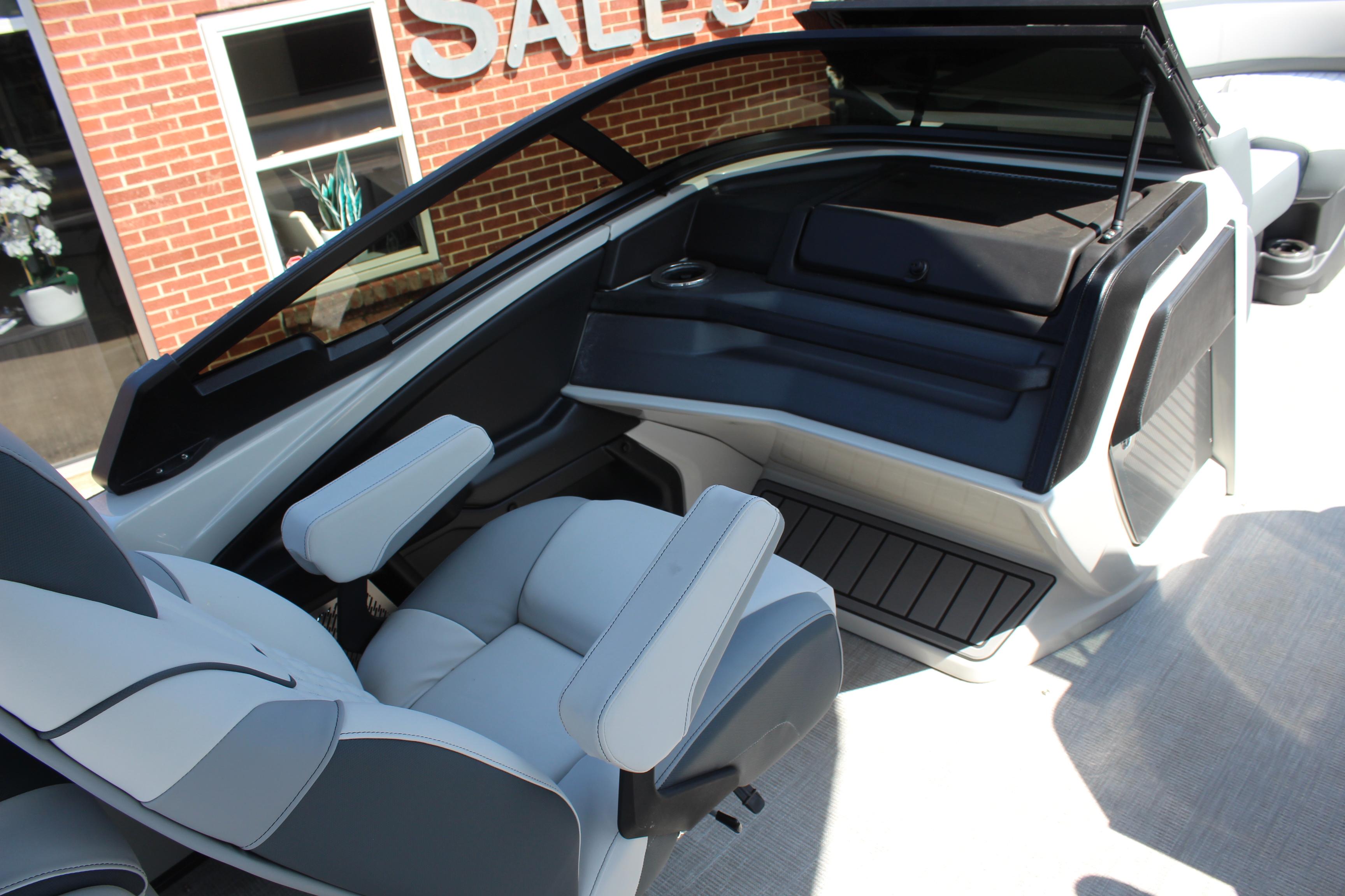 2025 Tahoe Pontoon Cascade Quad Lounge Windshield interior with modern seating and sleek design.