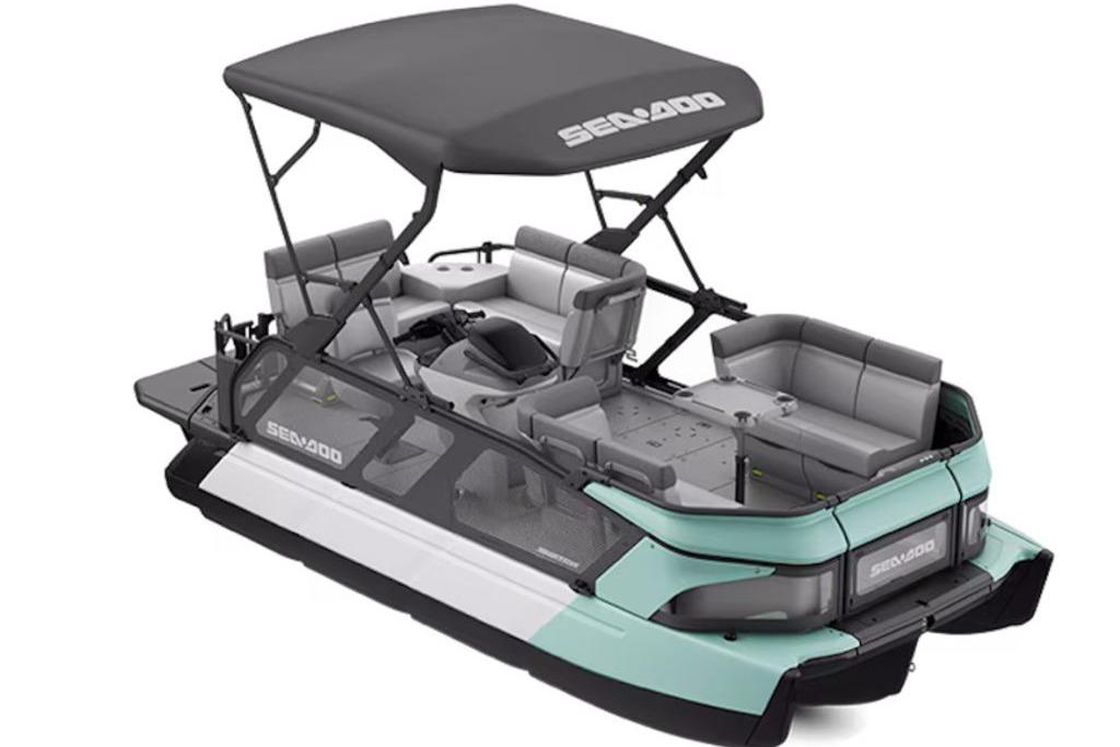 2026 Sea-Doo Switch Cruise 18 pontoon boat with gray canopy.