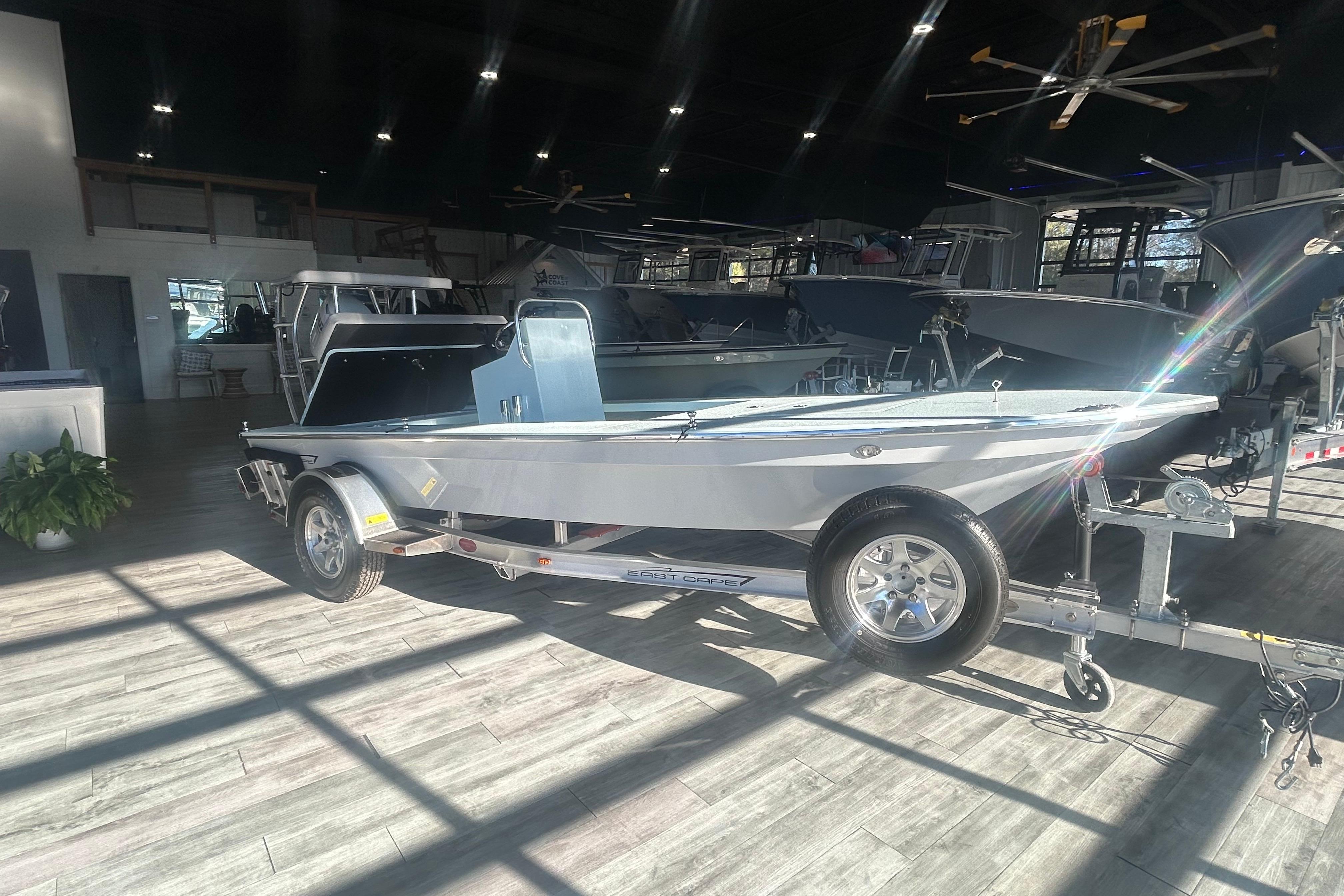 2026 East Cape Evo 17X boat displayed indoors on a trailer.