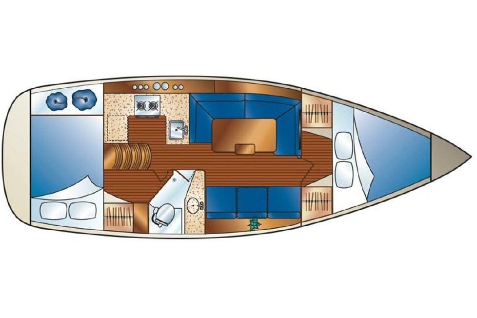 Floor plan of a 2013 Hunter 33 sailboat, featuring cabins, kitchen, and seating area.