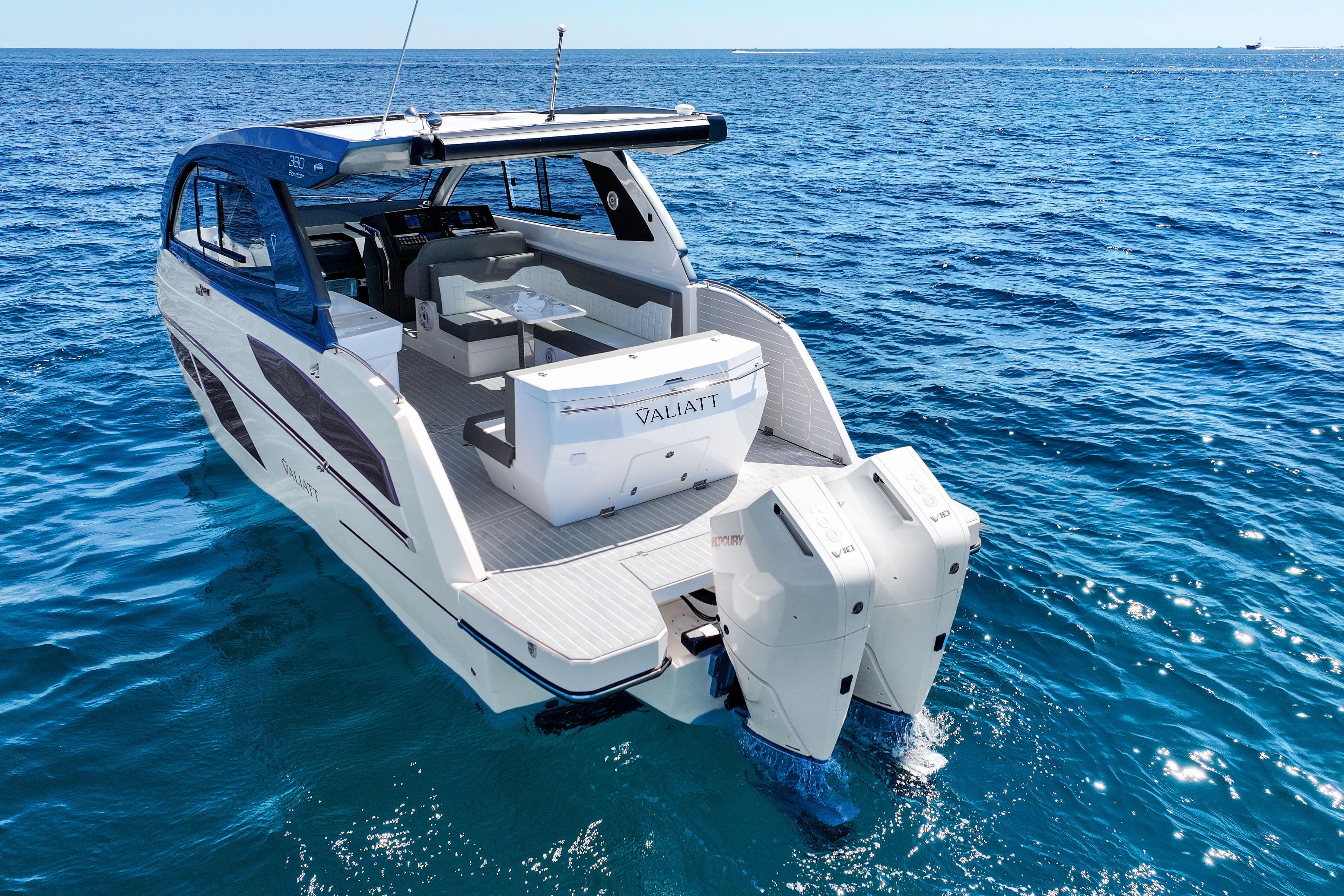 2025 VALIATT YACHTS 380 Bowrider on open sea, showcasing luxury design and powerful engines.