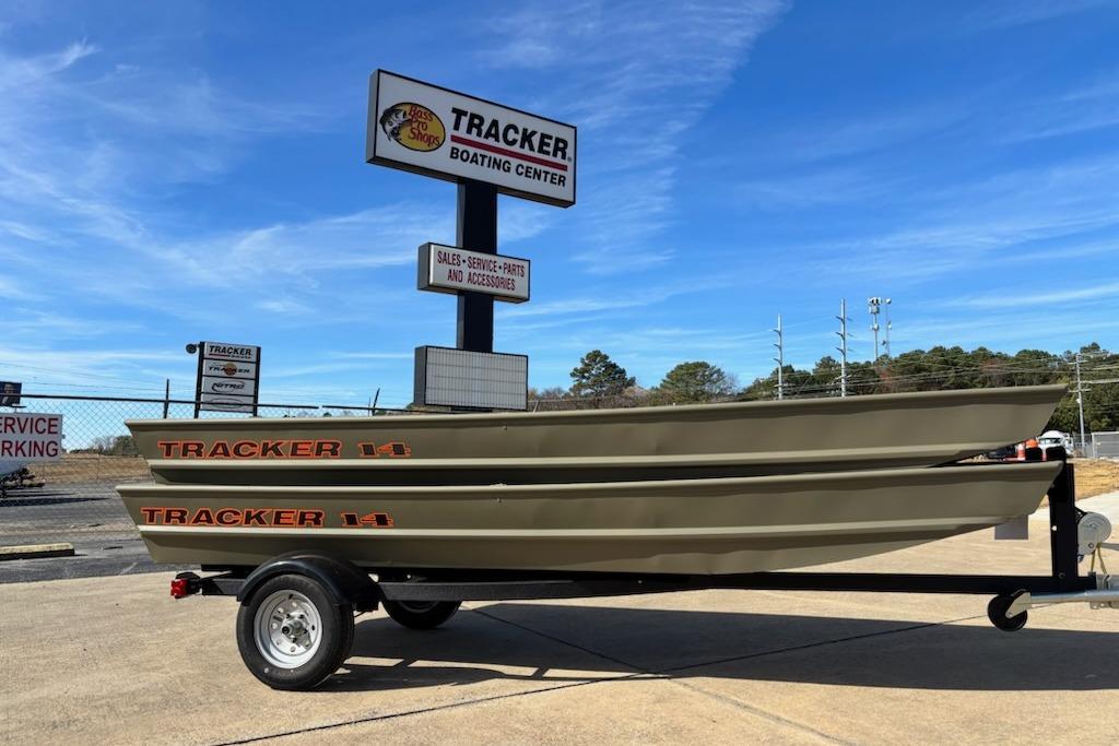 2025 Tracker Grizzly 14 Jon boats on trailer at Tracker Boating Center.