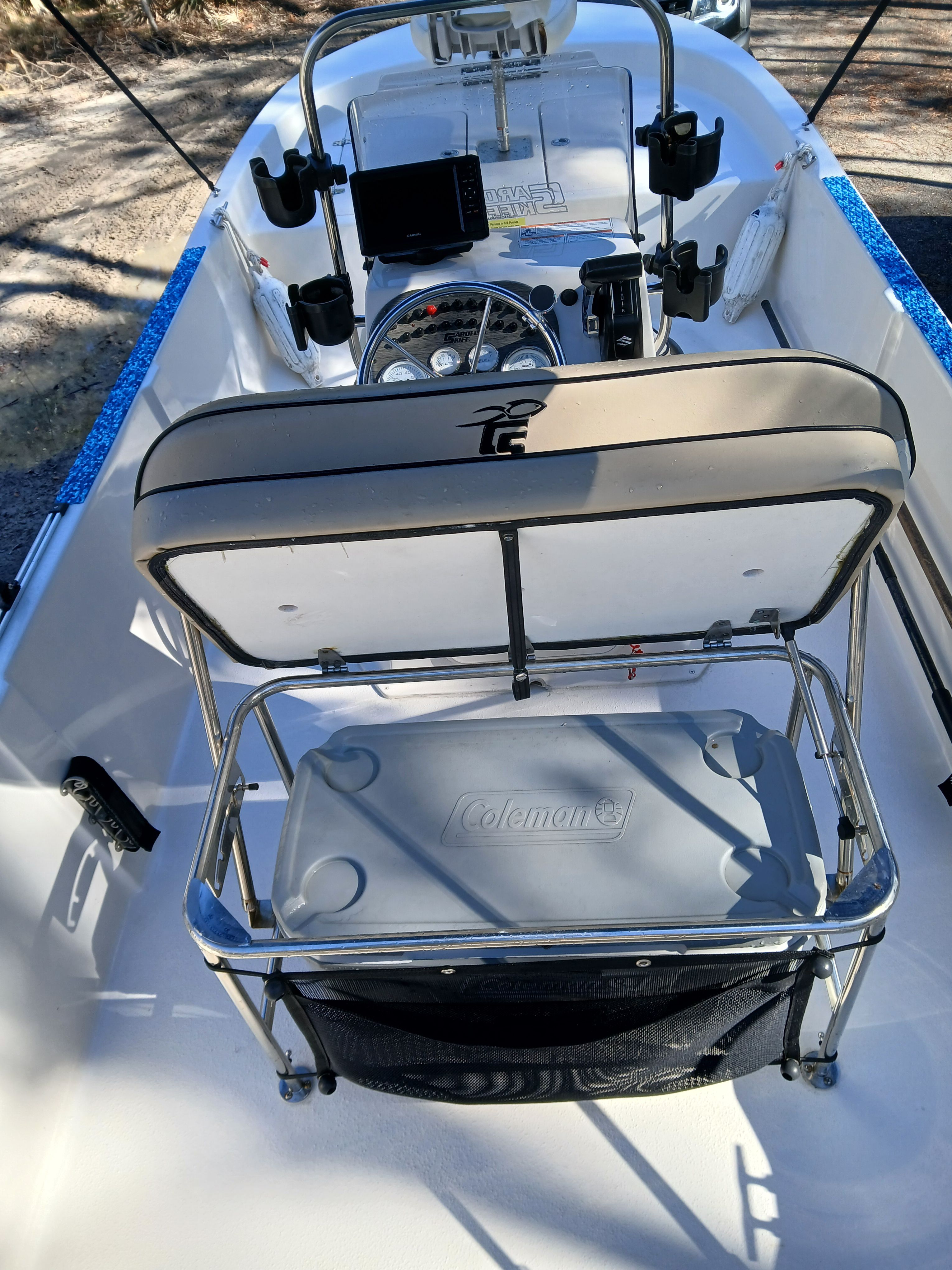 Interior view of a 2023 Carolina Skiff 192 JLS with helm console.