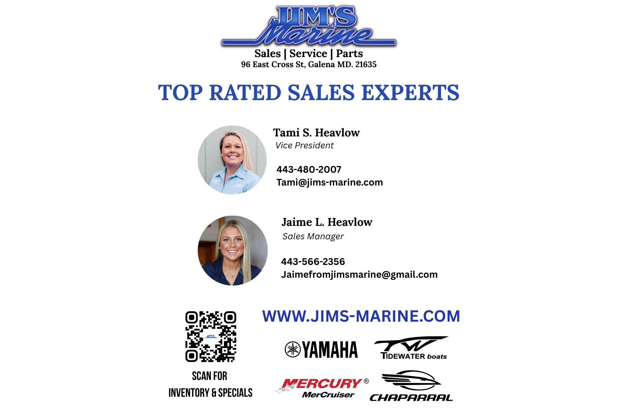 Top rated sales experts at Jim's Marine, featuring Tidewater 232 SS, 2026 model.