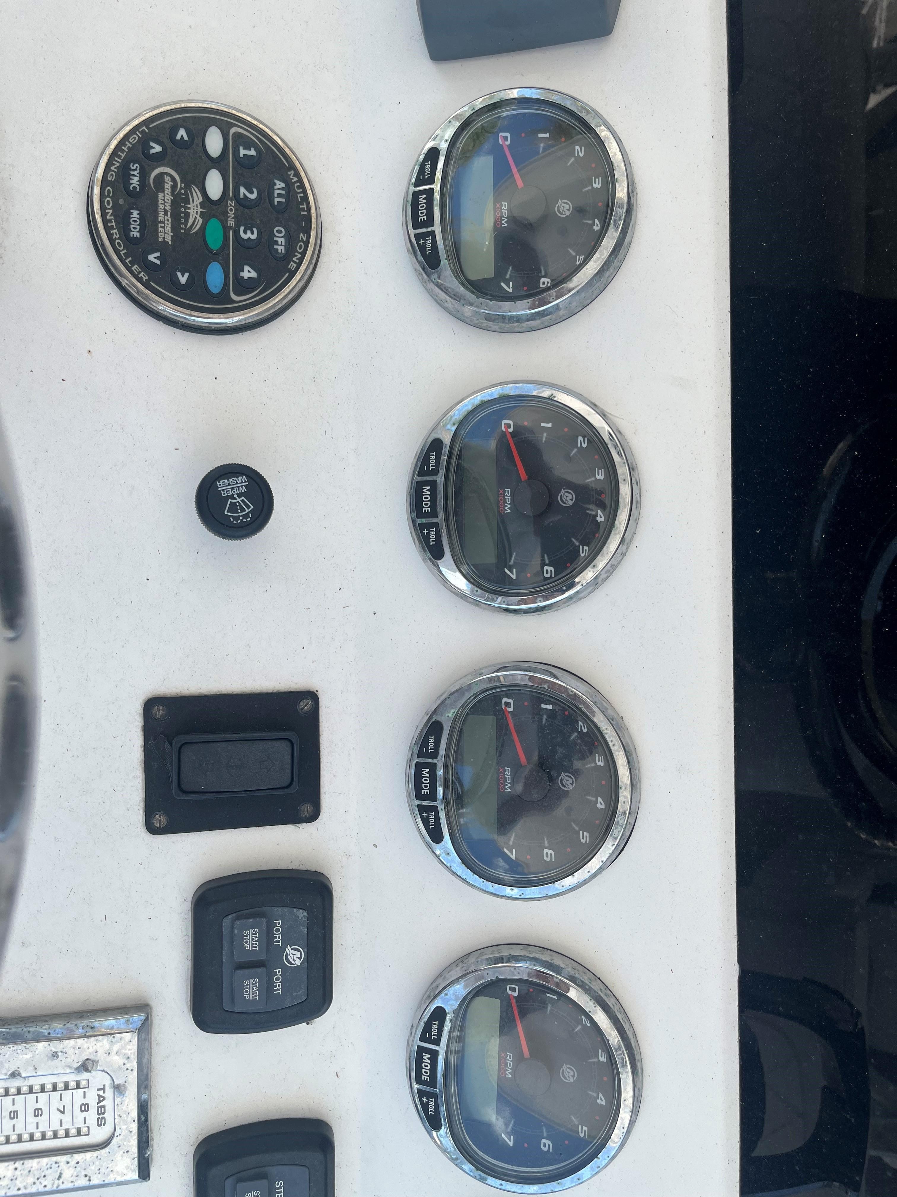 Dashboard of a 2018 Blackwater 43 boat with gauges and controls.