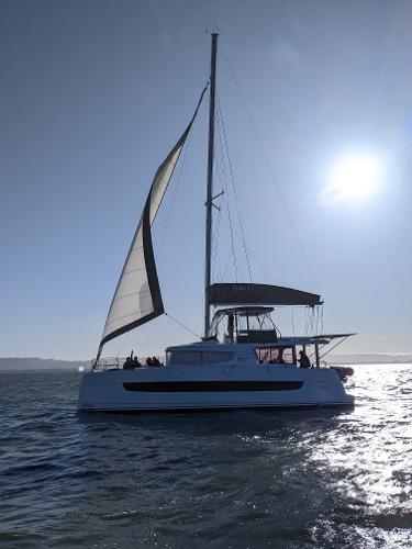 Sailing catamaran Bali 4.8, 2021 model, gliding on sunlit waters.