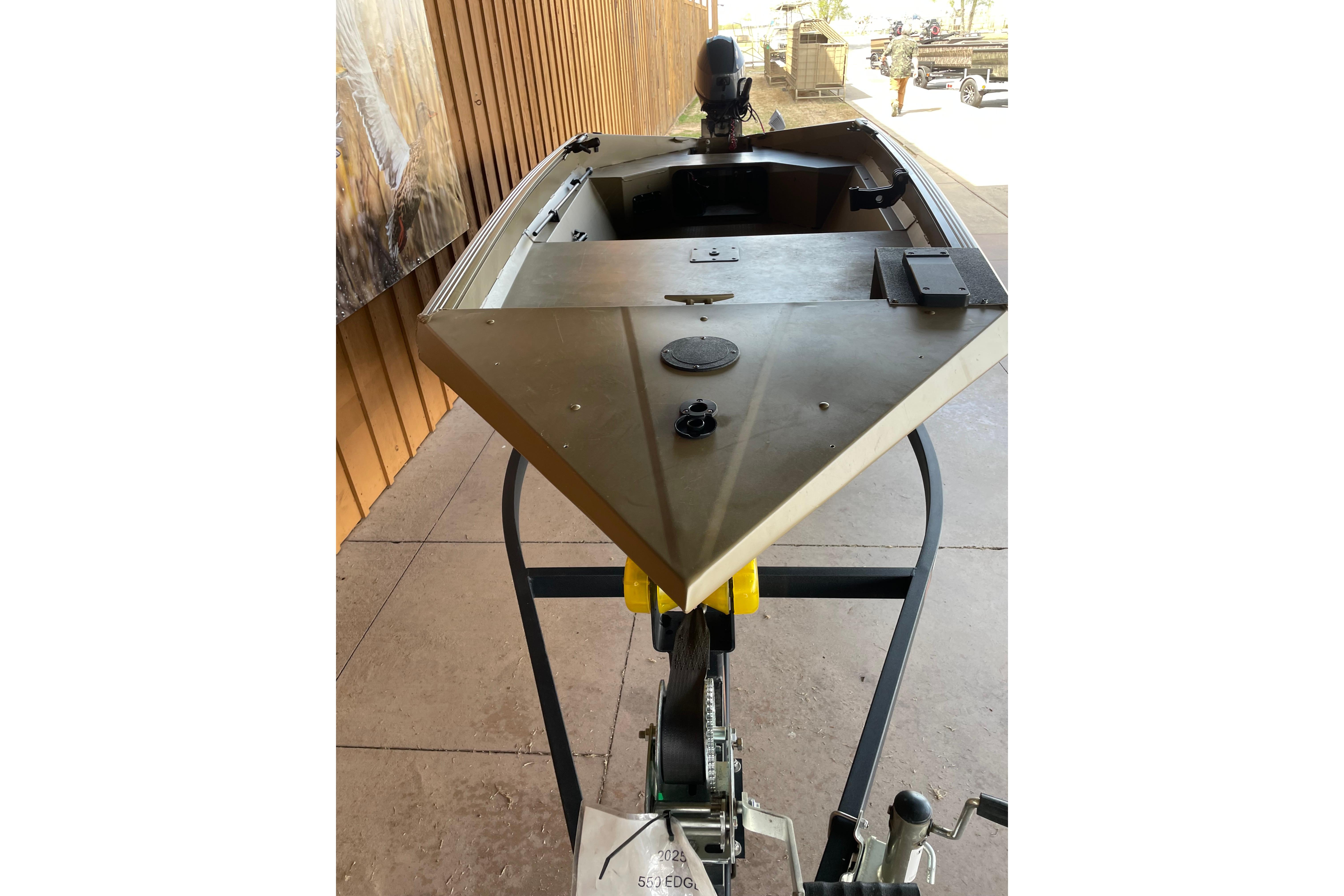 2025 Edge Duck Boats 550 on trailer, showcasing sleek design and sturdy construction.