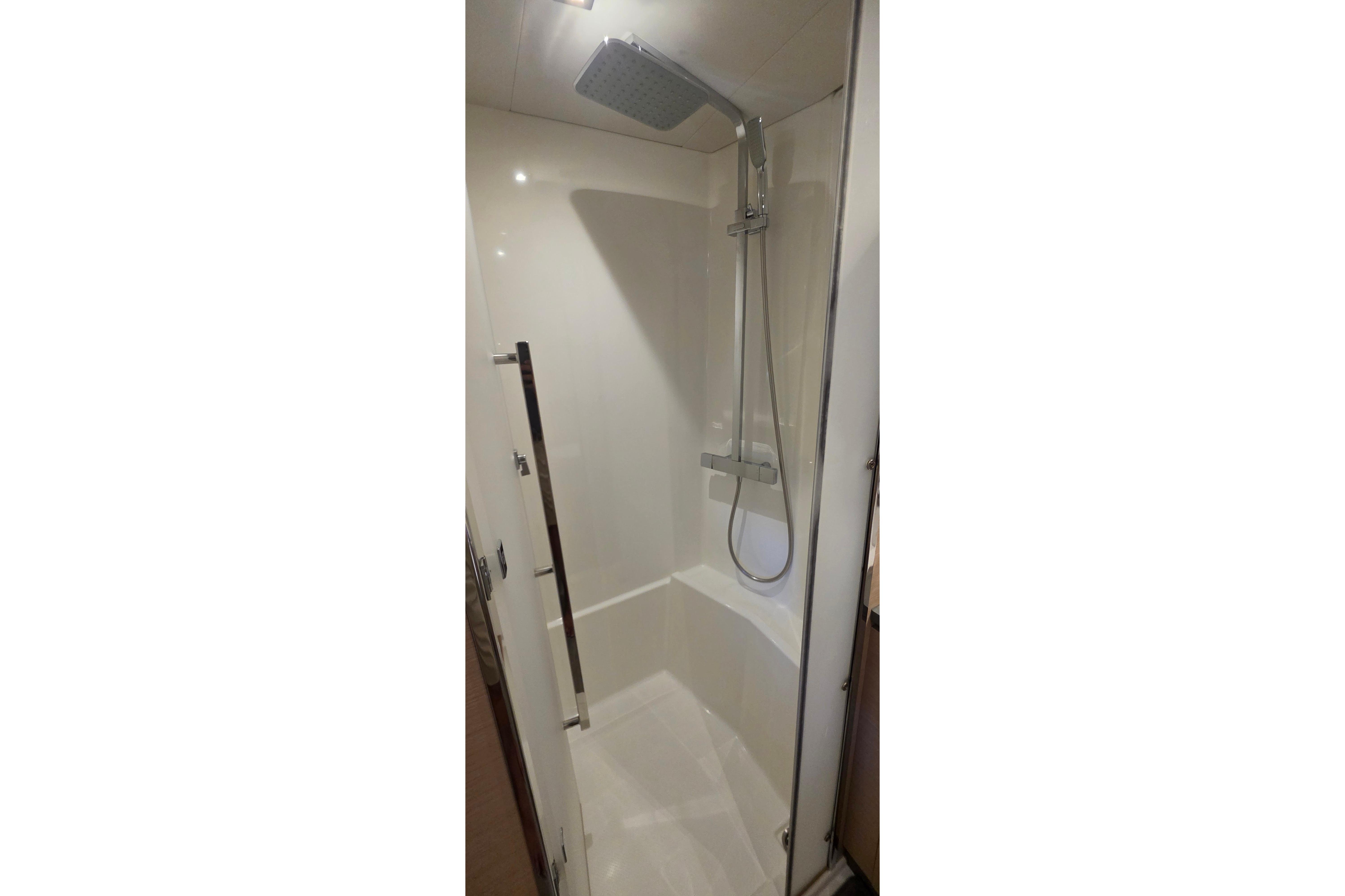 Shower area in 2018 Fountaine Pajot Motor Yacht 44, featuring modern fixtures and sleek design.