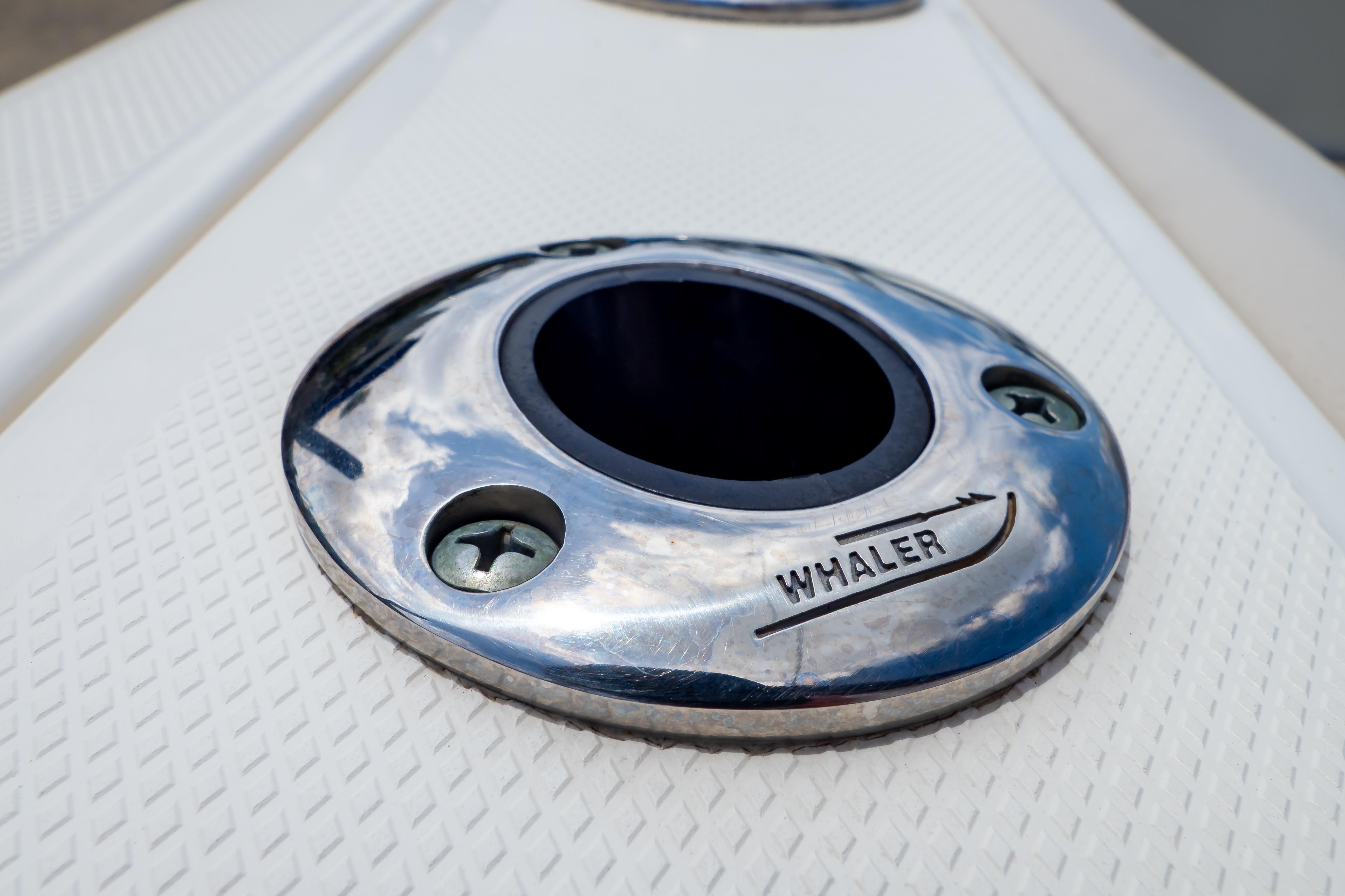 Close-up of a 2019 Boston Whaler 270 Vantage boat's chrome fitting.