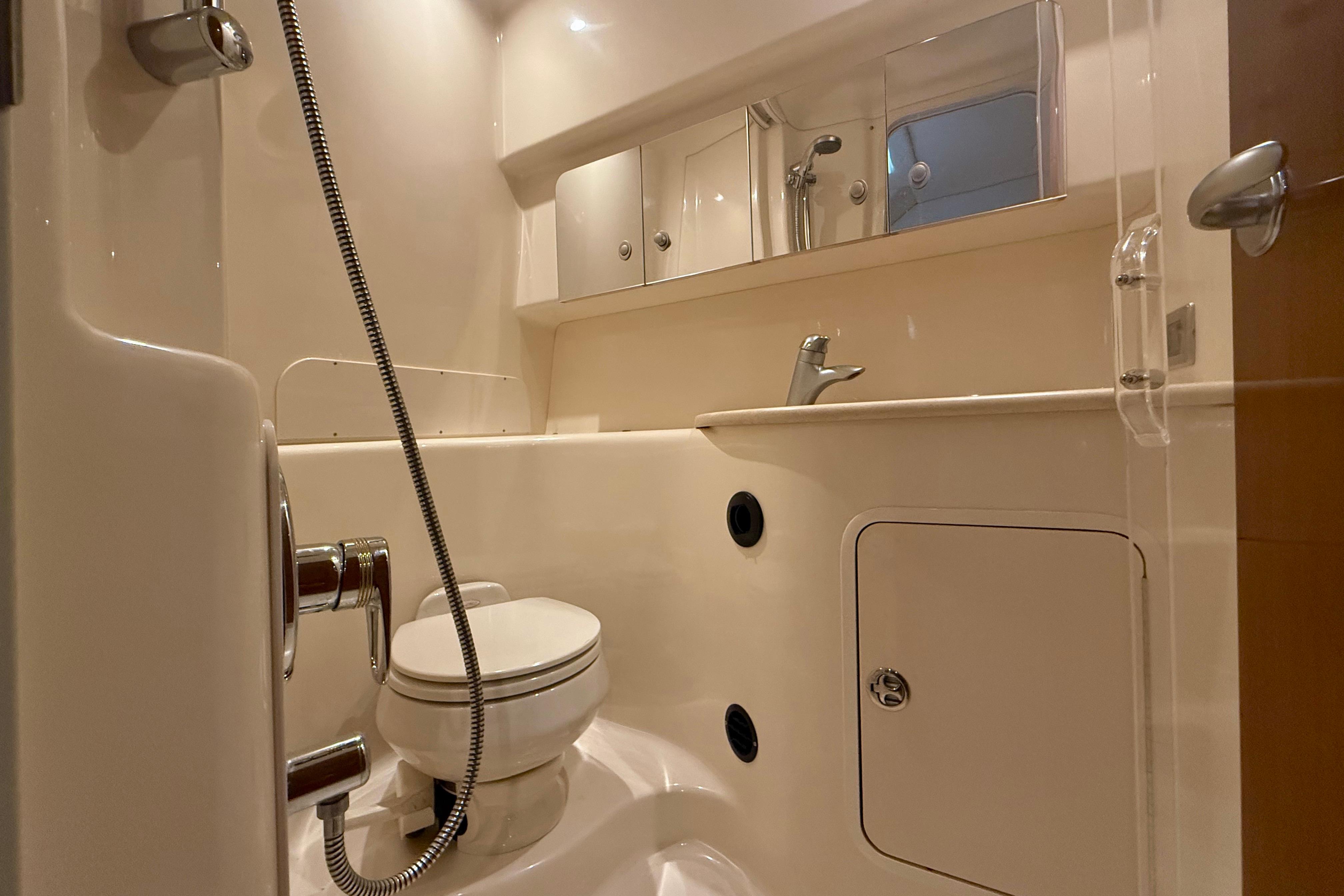 Bathroom interior of 2004 Searay 360 Sundancer yacht, featuring toilet and shower.