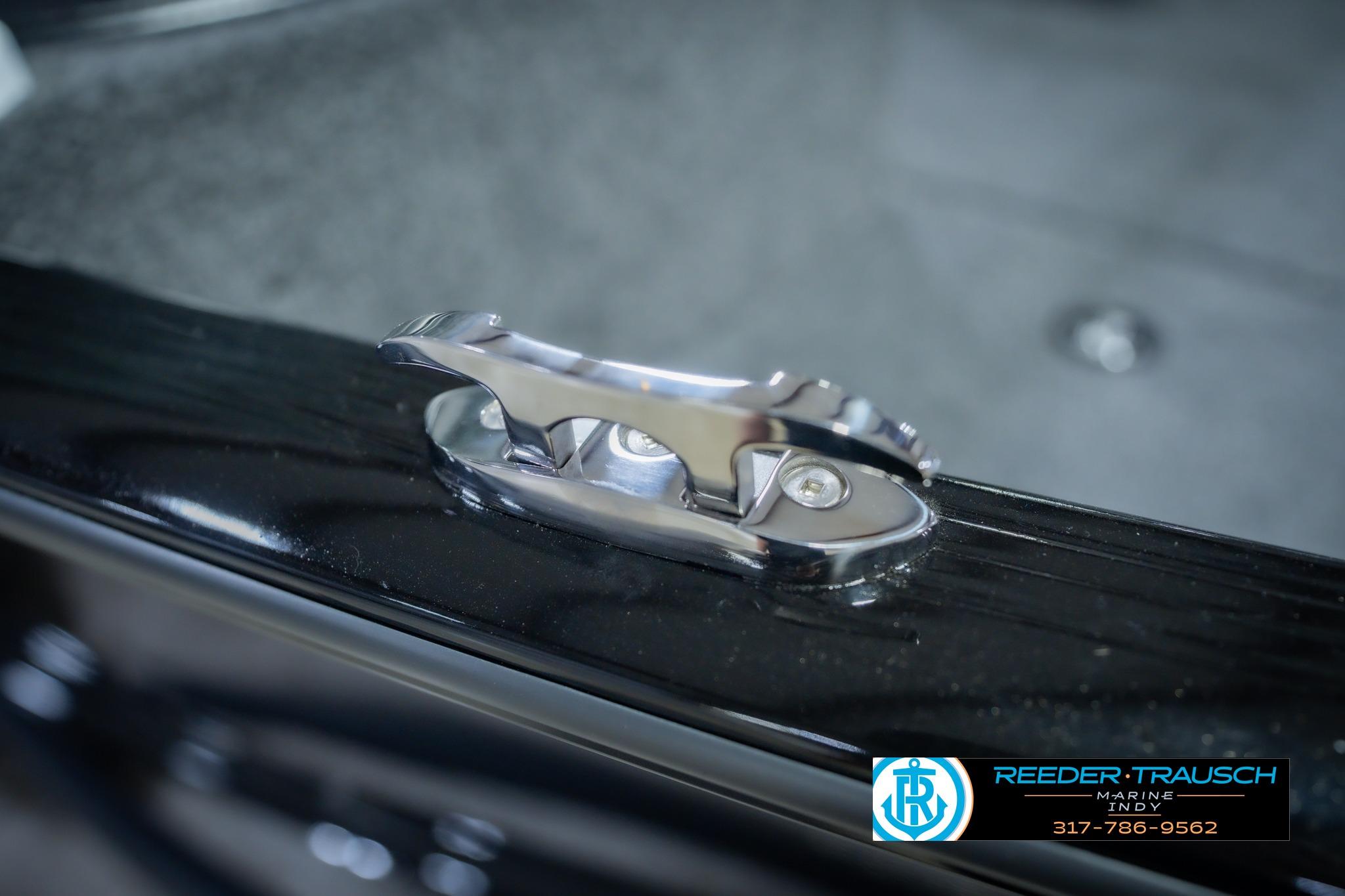 2026 Lund 1775 Impact XS boat cleat detail, featuring sleek chrome finish.