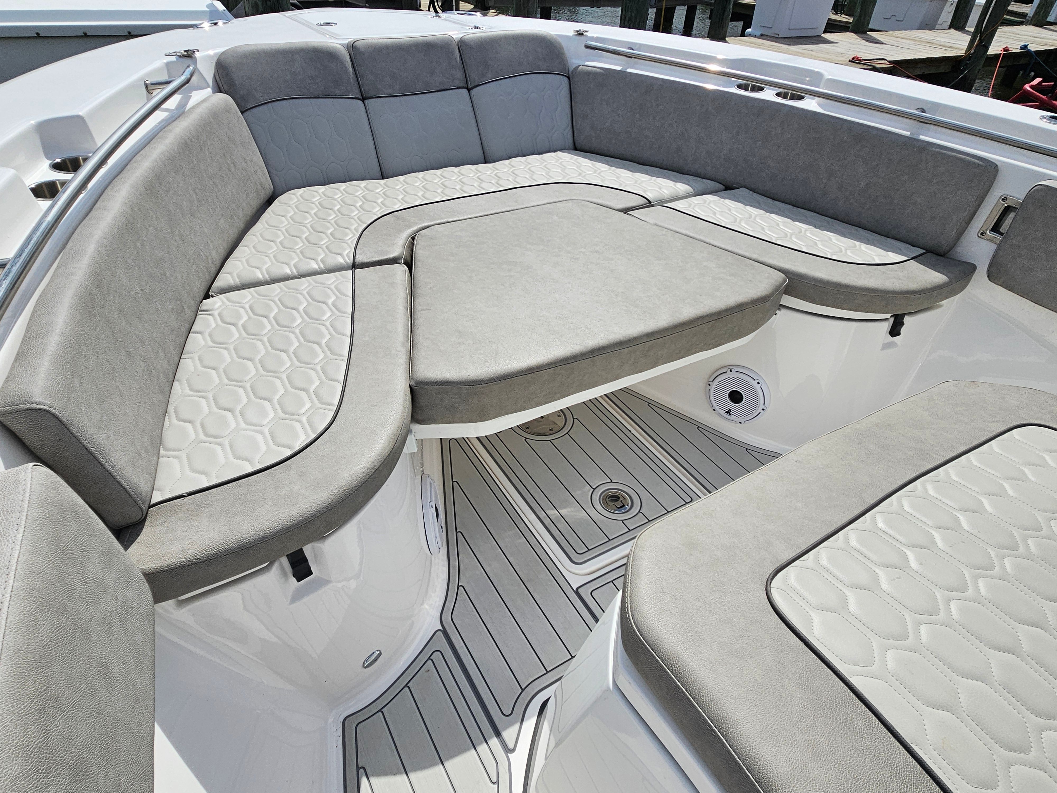 Interior view of 2021 Sea Fox 288 Commander with gray upholstery.
