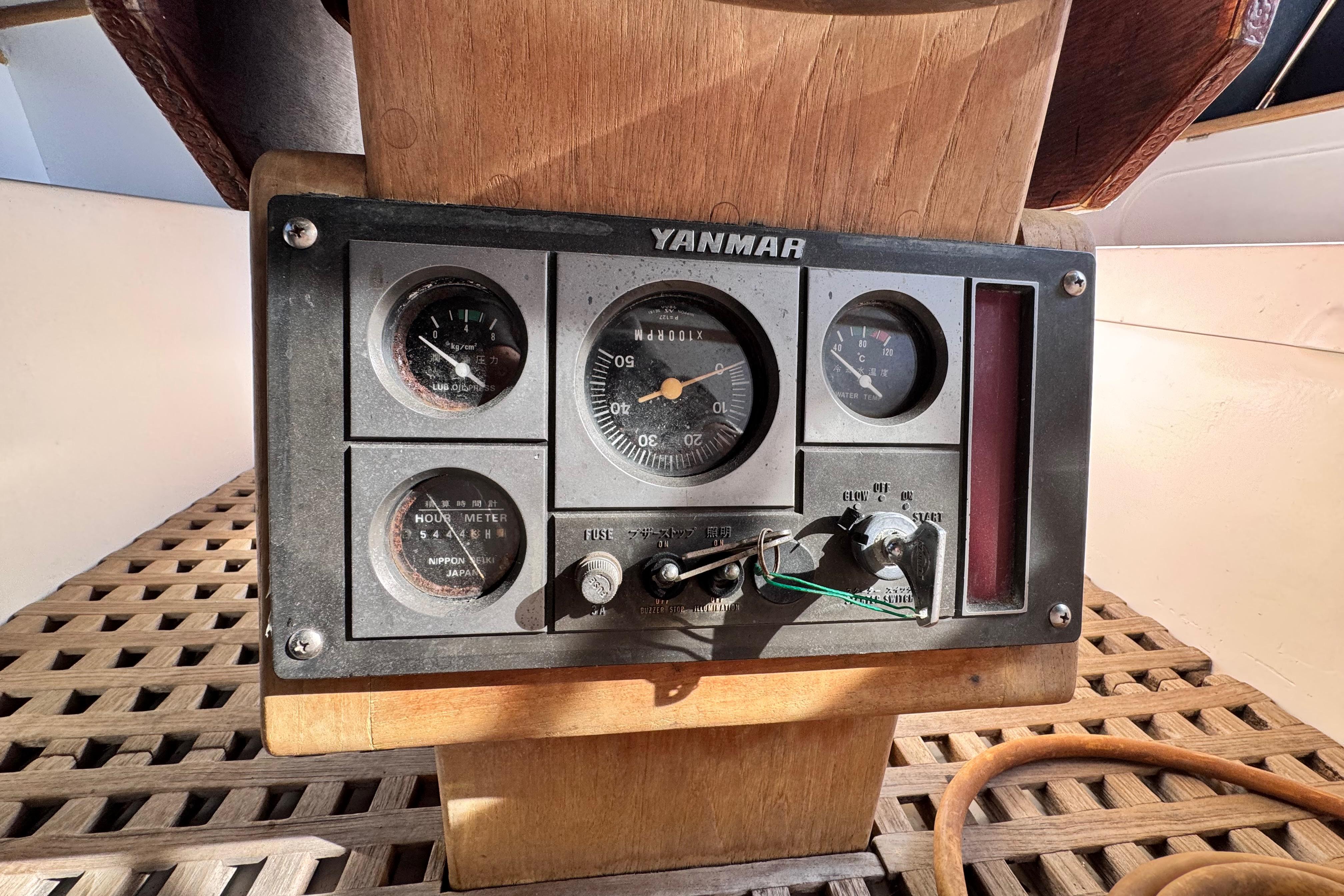 Yanmar engine control panel on 1980 Dickerson Center Cockpit Ketch sailboat.