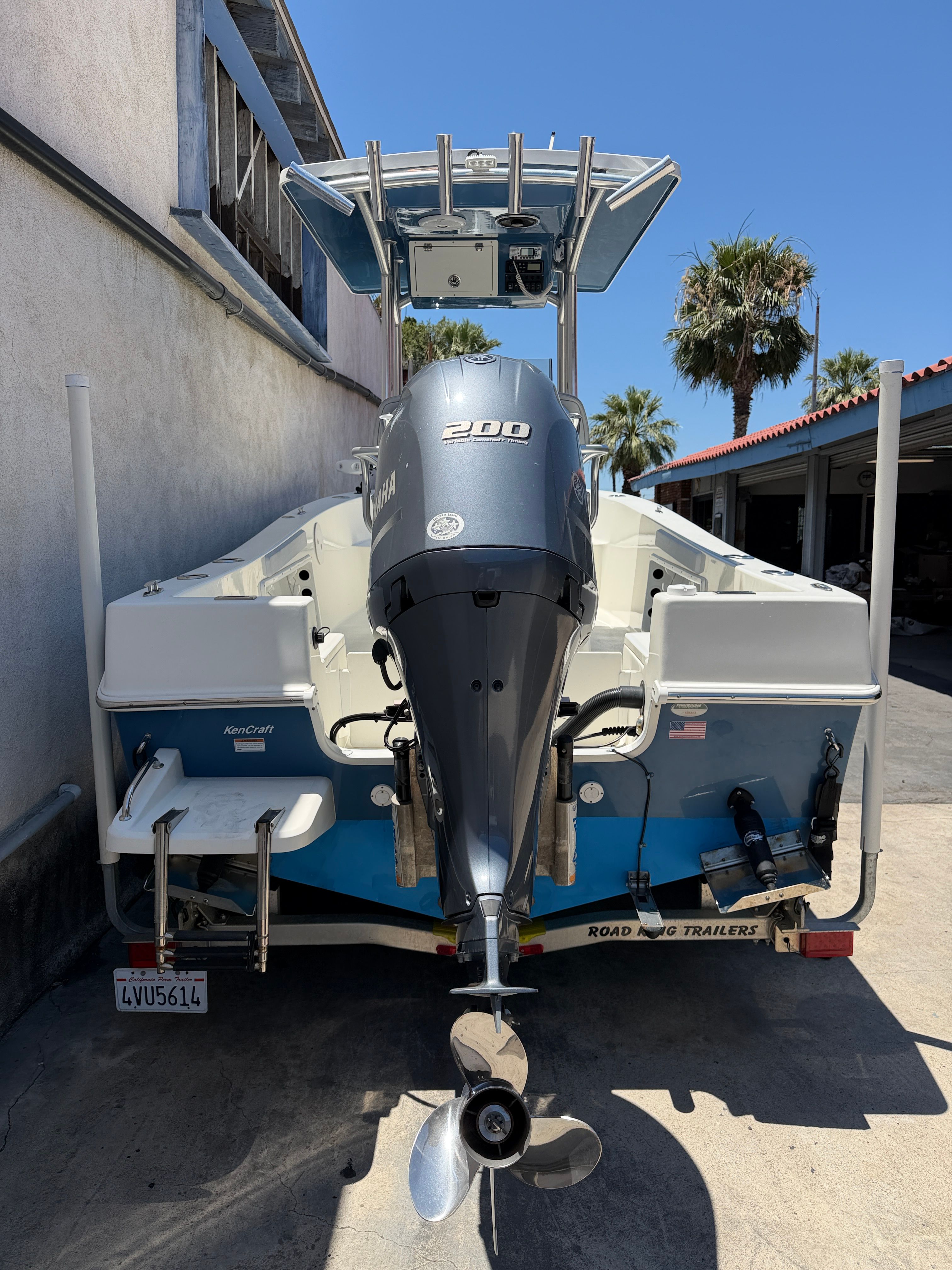 KenCraft Challenger 2021 boat with Yamaha 200 engine on trailer.