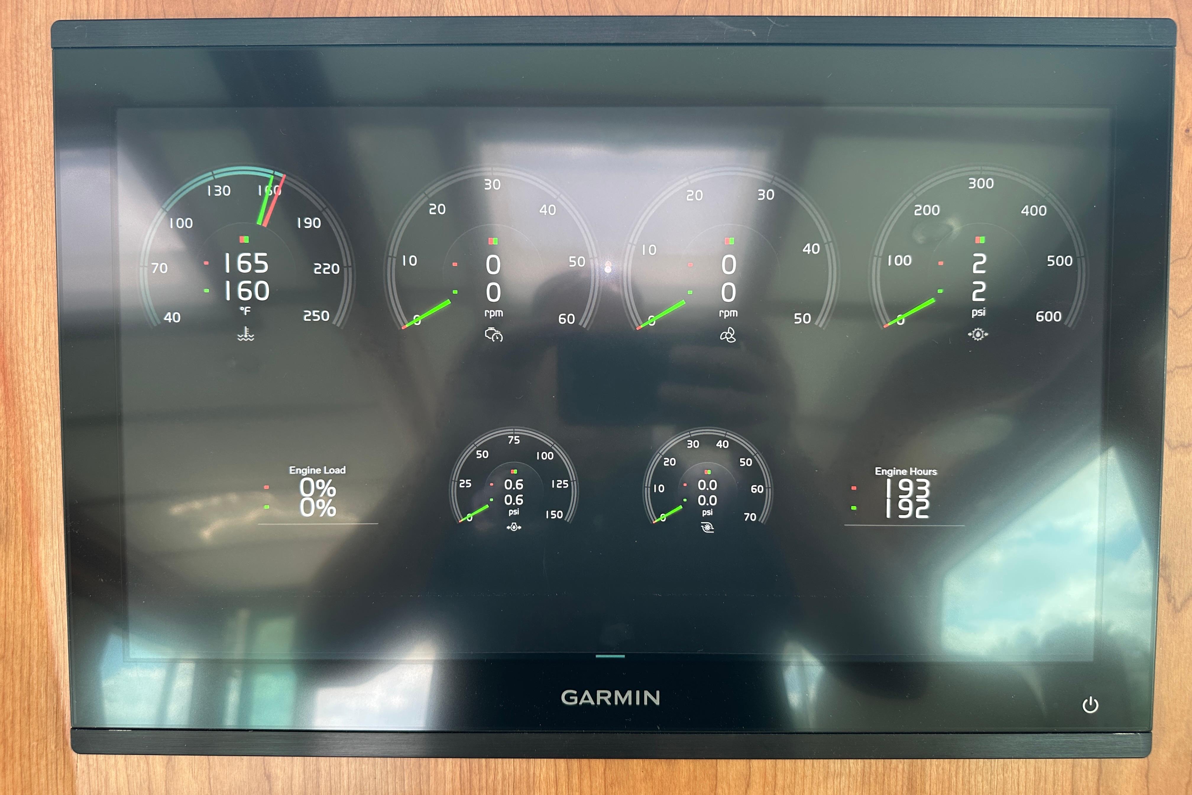 Garmin display showing engine metrics for 2025 Sabre 48 Salon Express yacht.