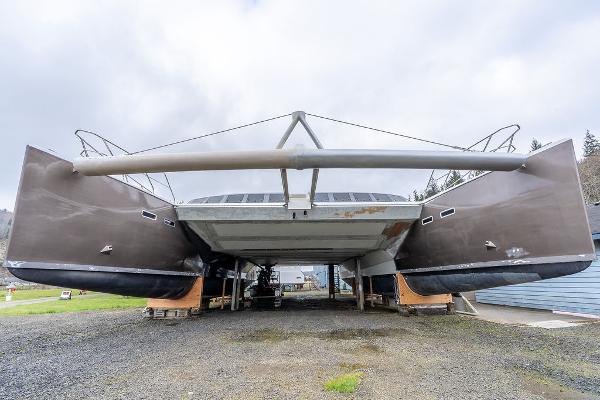 2025 Catamaran Bloomfield 86 Motorsailor on land, showcasing its dual hull design.