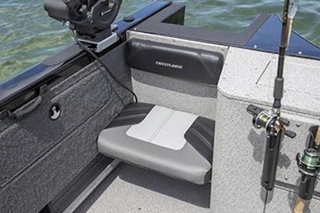 2026 Crestliner 2050 Authority boat interior with fishing rod holder and cushioned seating.