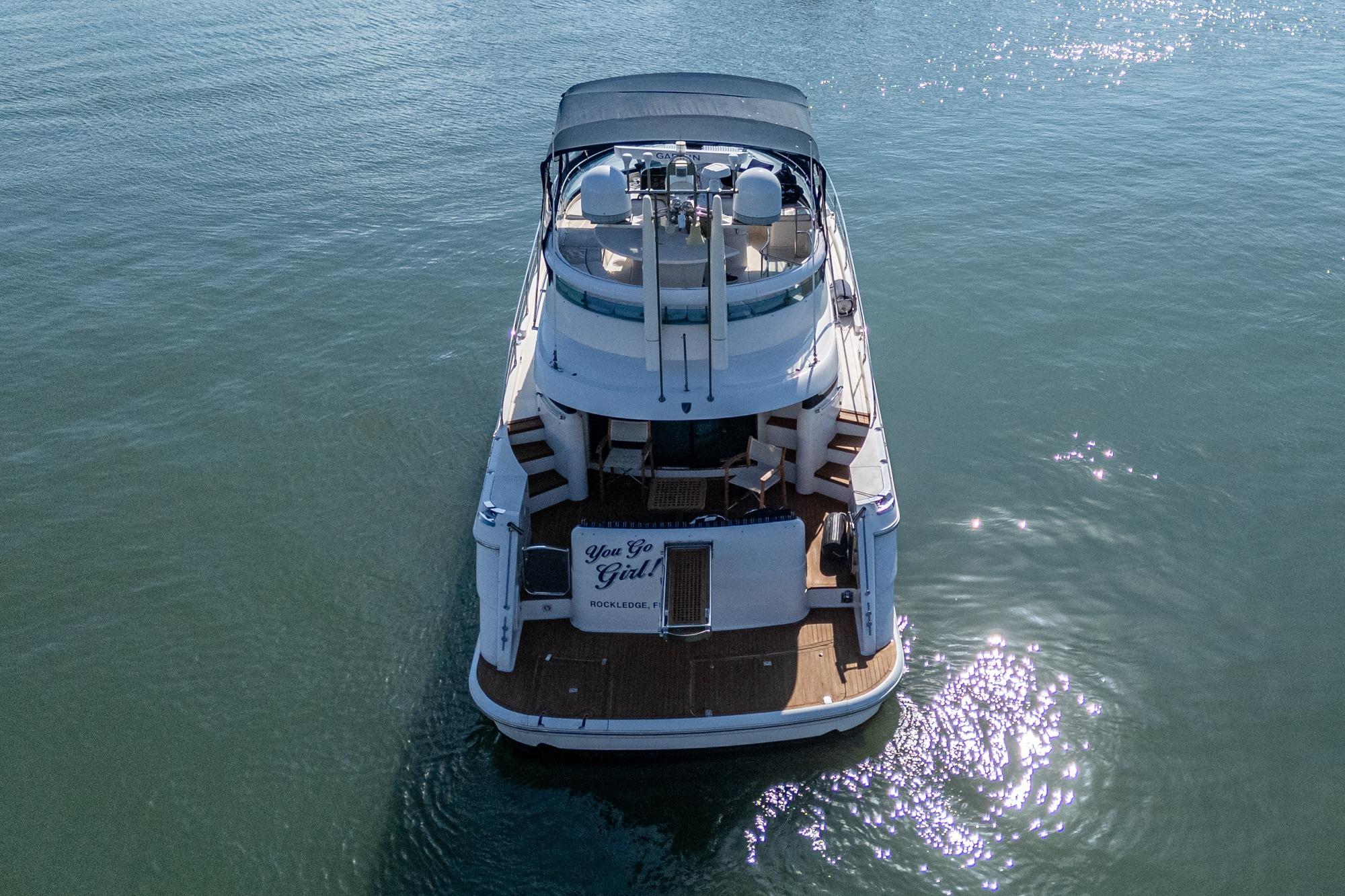 Aerial view of 2000 Fairline Squadron 52 yacht on calm water.