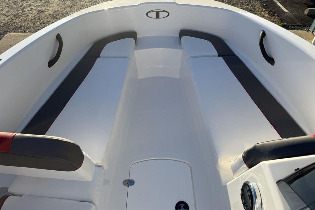 2026 Tahoe T16 boat interior with white and gray seating, featuring sleek design and modern accents.