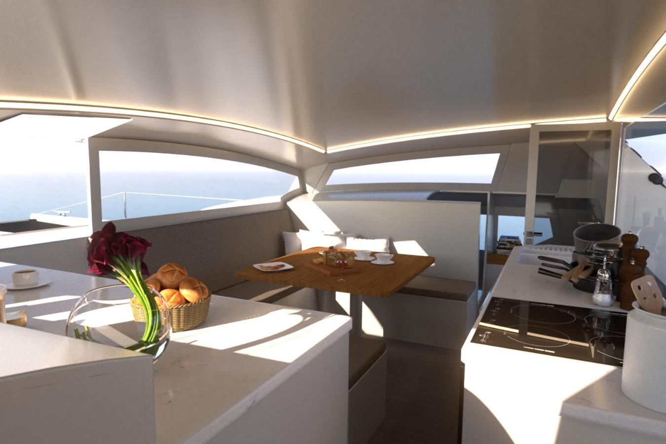Luxurious interior of 2026 Catamaran Cruisers Power Cat with modern kitchen and dining area.