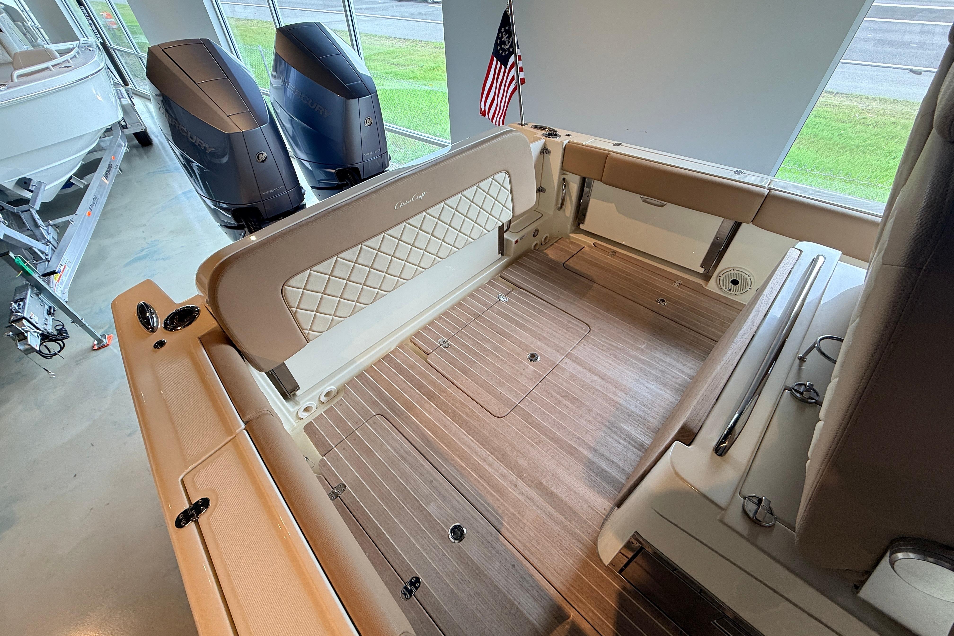 2024 Chris-Craft Catalina 30 interior with dual engines and elegant seating.