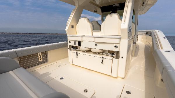 2025 Scout 425 LXF boat interior with seating, on open water.