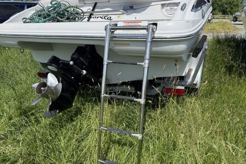 2012 Crownline 215 SS boat rear view with ladder and propeller in grassy area.