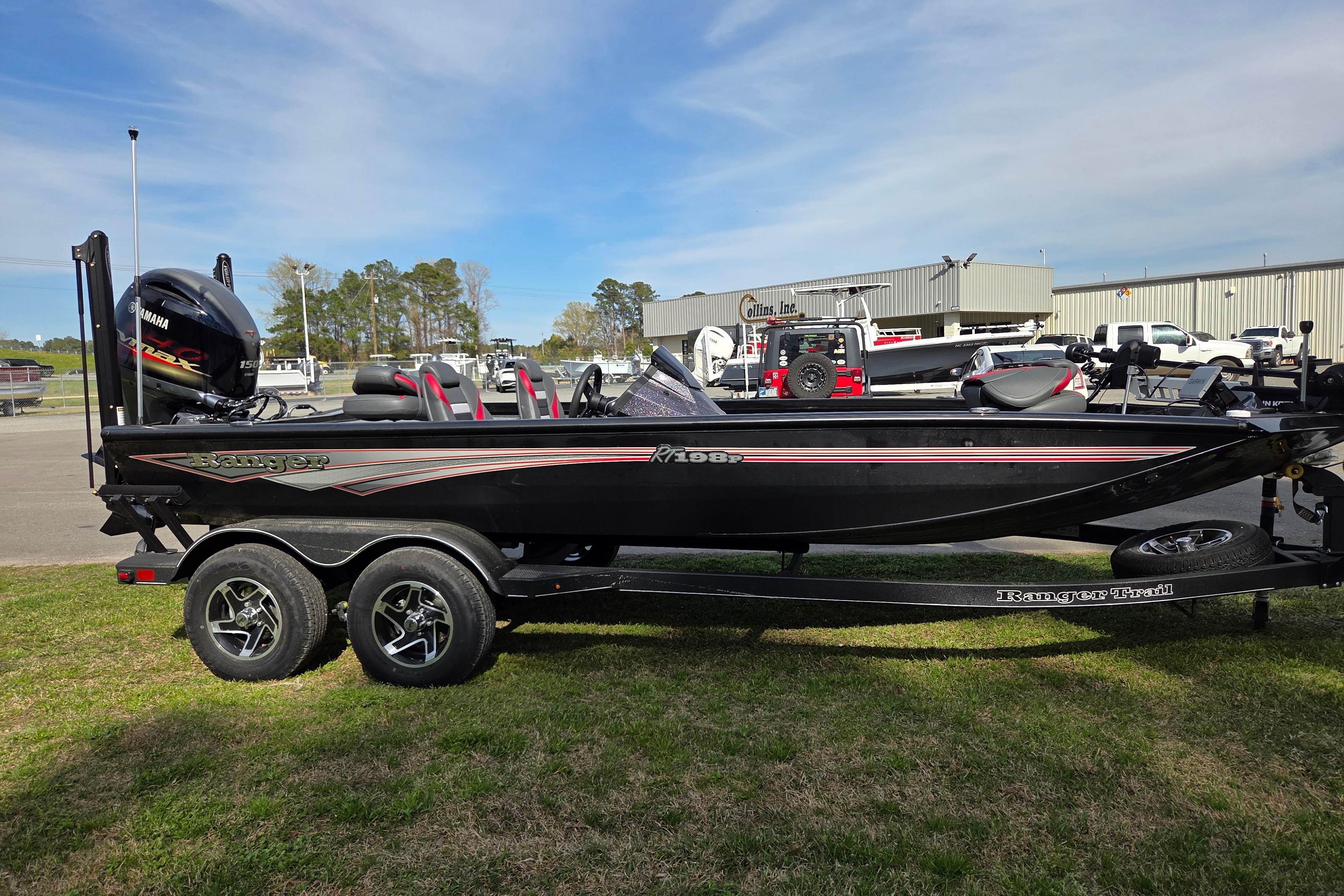 2026 Ranger RT198P boat on trailer, side view.