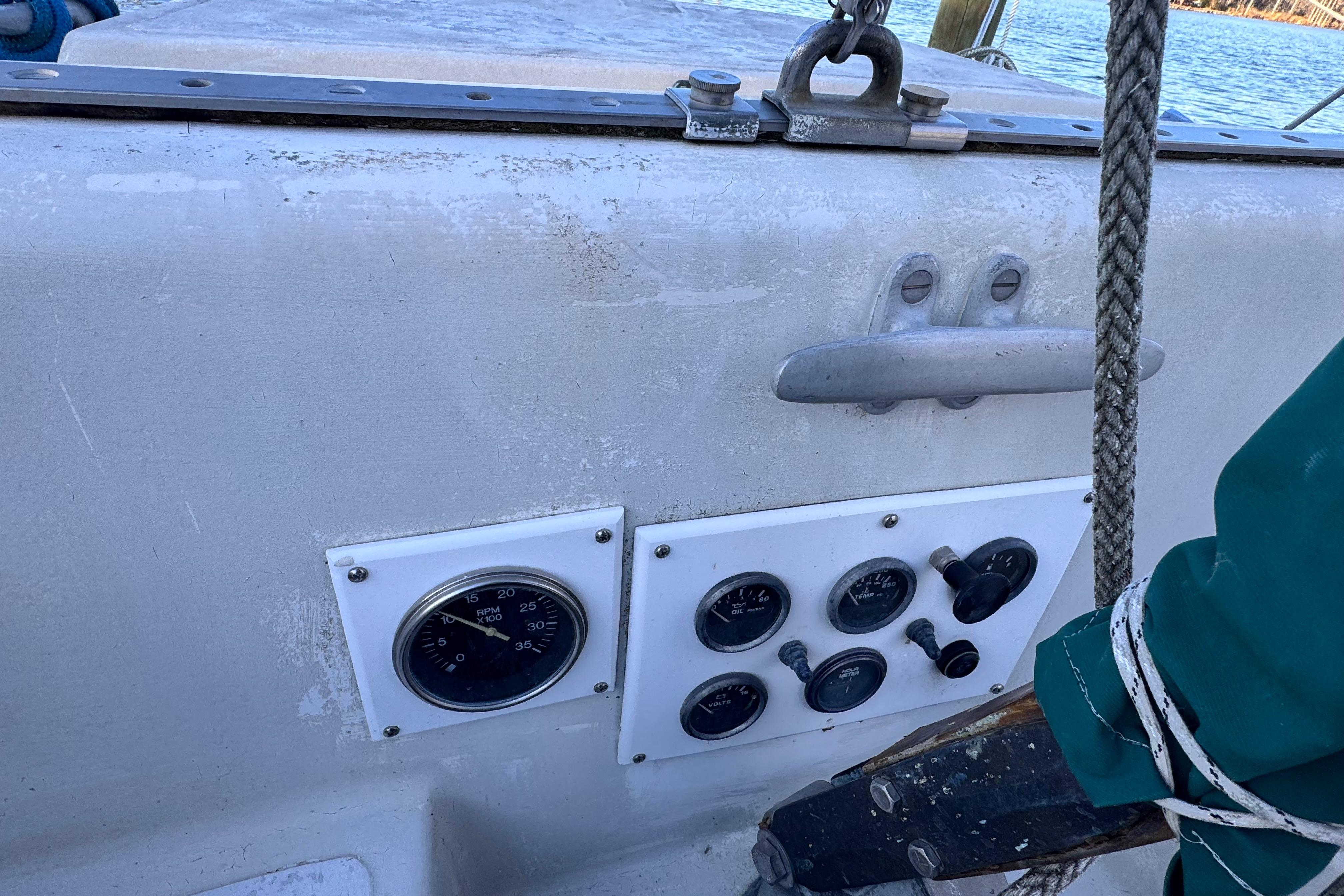 1972 Morgan 35 sailboat cockpit with gauges and controls.