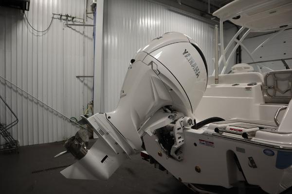 2025 Sea Fox 228 Traveler with Yamaha outboard motor in a garage.