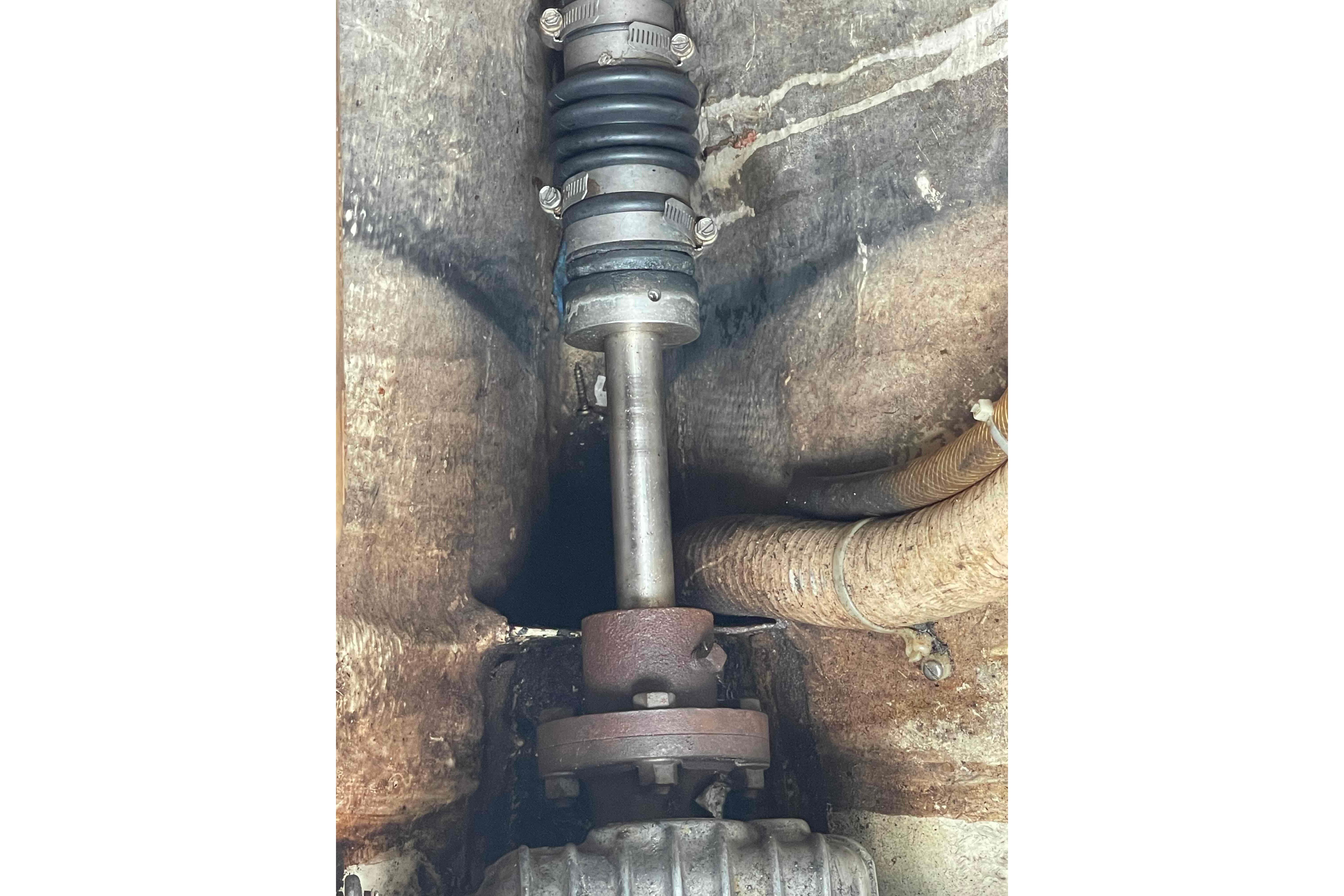 Propeller shaft assembly of a 1987 Pacific Seacraft 34 sailboat.