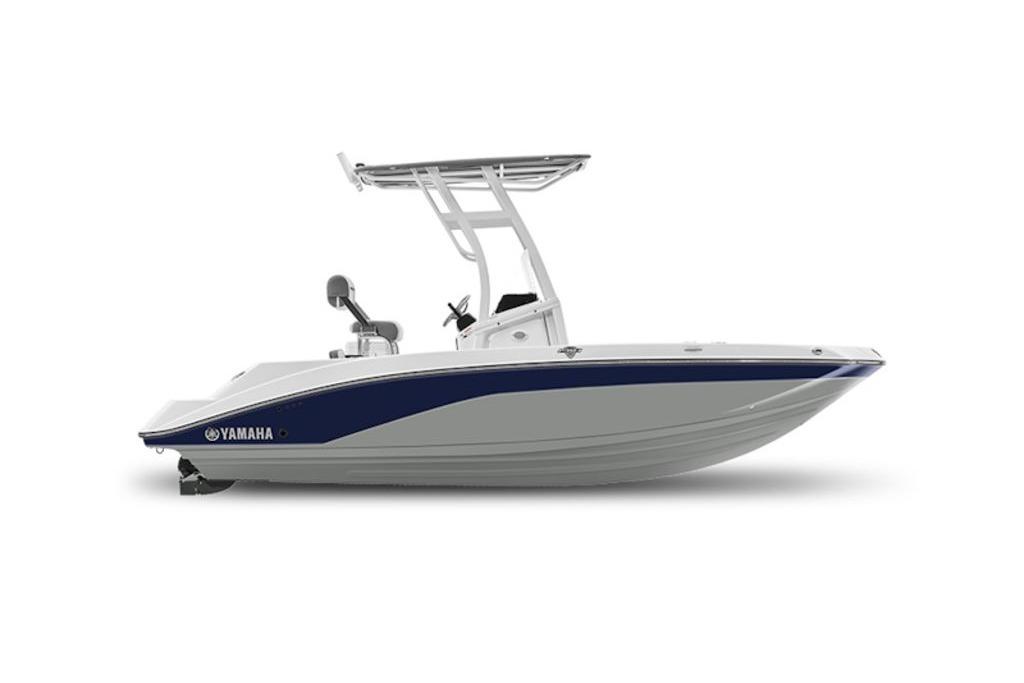 2026 Yamaha Boats 190 FSH Sport, sleek design, side view, white and blue color scheme.