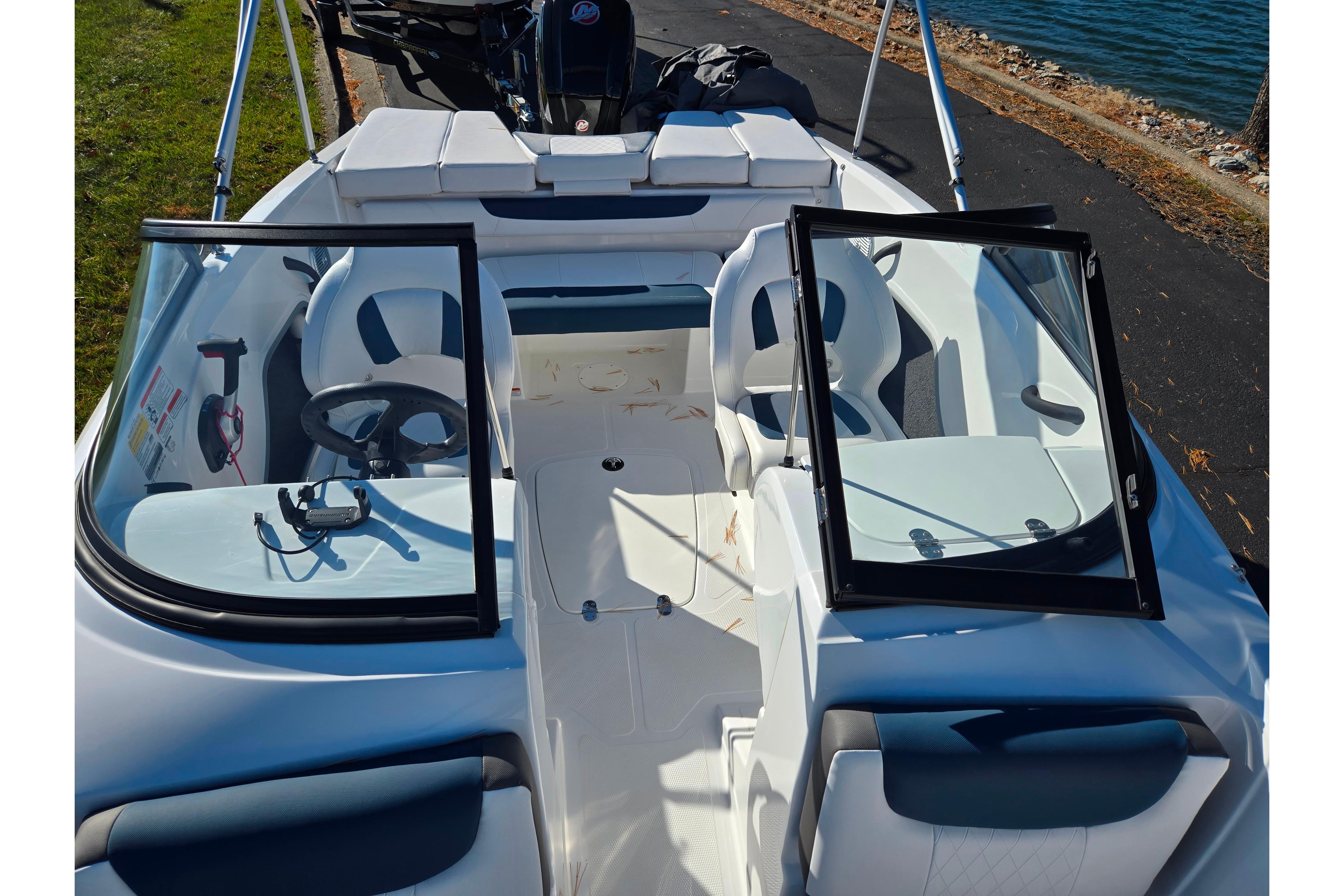 2023 Tahoe 185 S boat interior with open windshield and seating.
