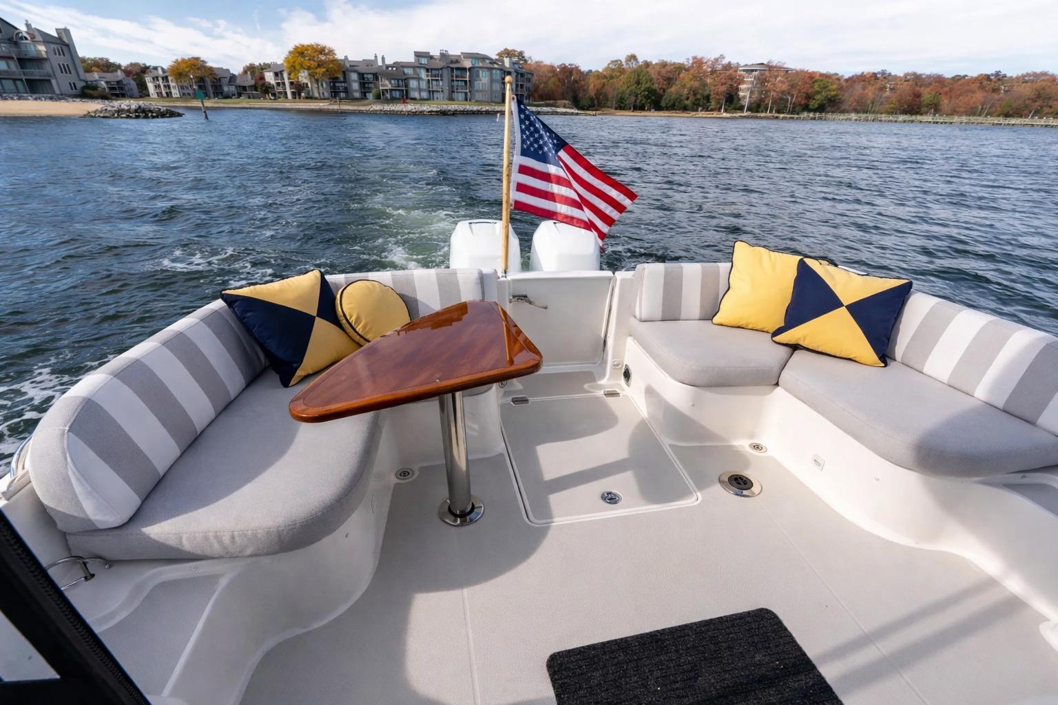 Comfortable cockpit for a crowd. Center transom door for easy boarding.