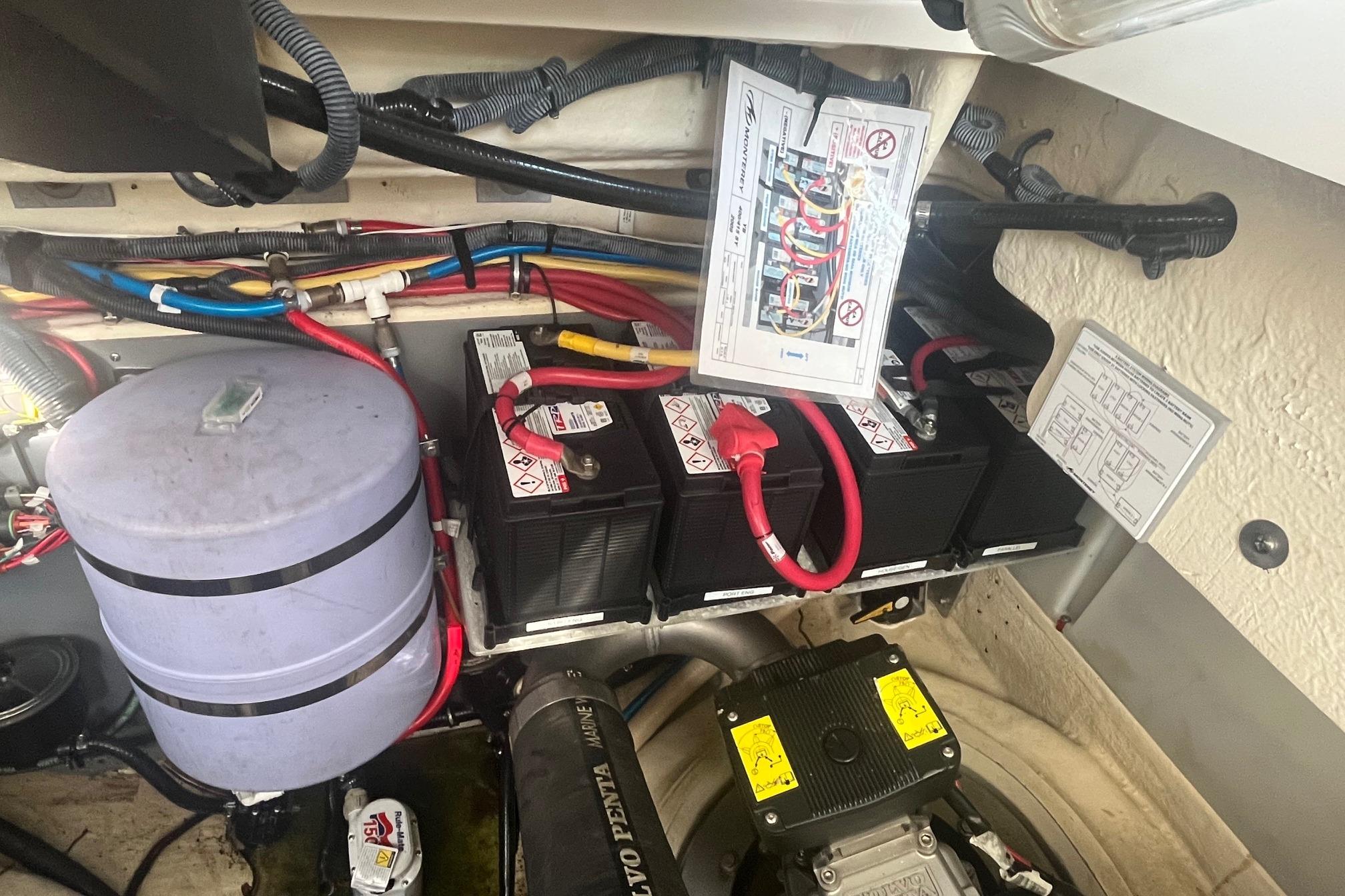 Engine compartment of 2010 Monterey 400 Sport Yacht with batteries and wiring.
