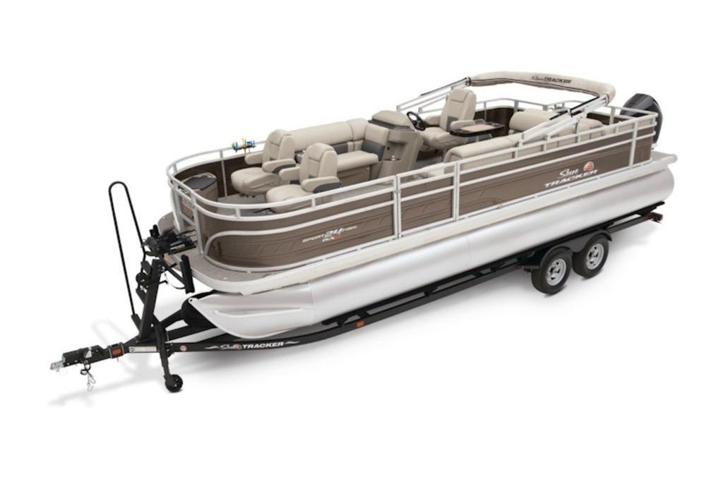 2025 Sun Tracker Sportfish™ 24 XP3 pontoon boat on trailer, beige and white design.