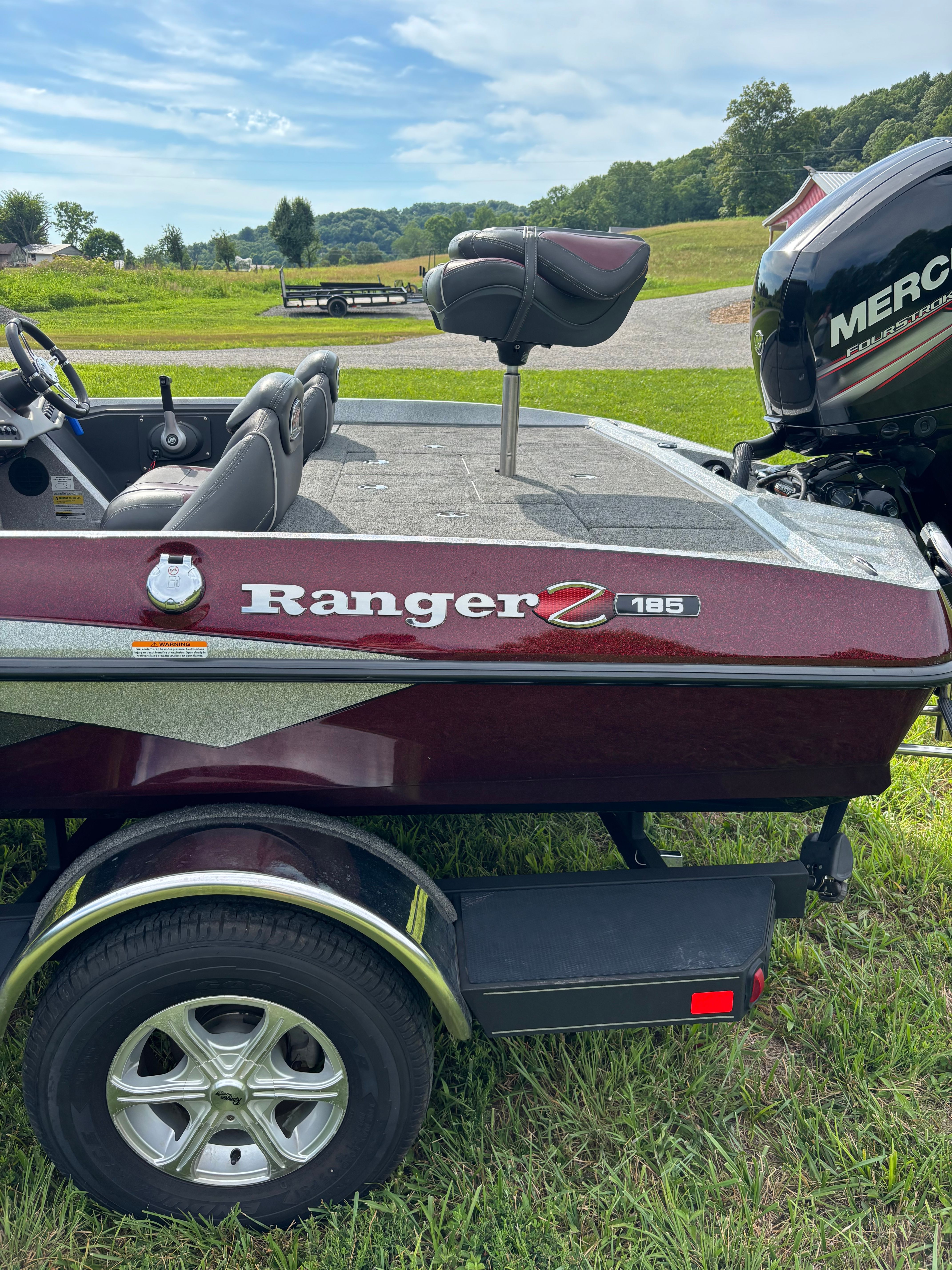A Ranger Z 185 boat on a trailer, parked on a grassy field.